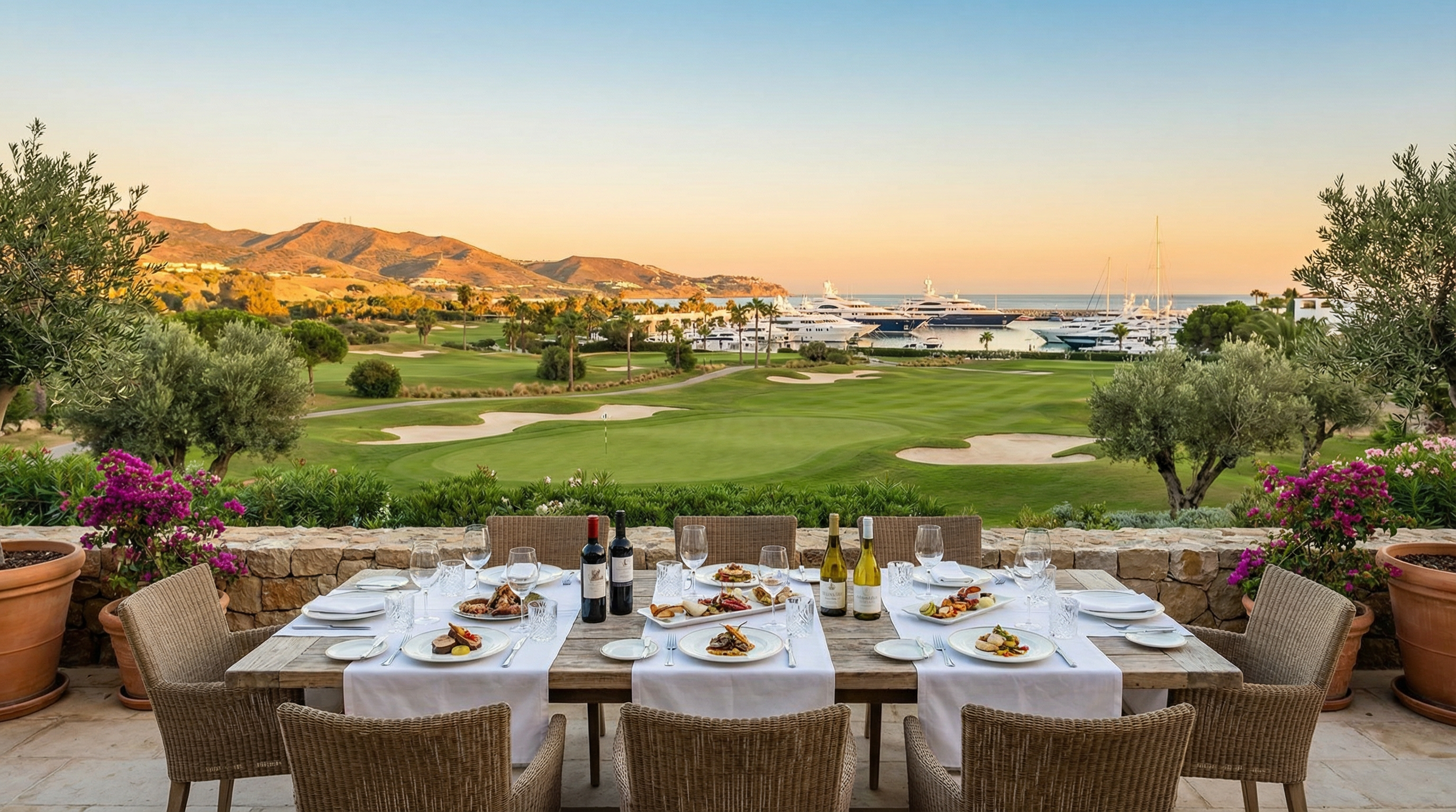 Panoramiczny widok luksusowego stylu życia na Costa del Sol, eleganckie pole golfowe, outdoorowa jadalnia z mediterraneńskim wystrojem oraz marina z jachtami.