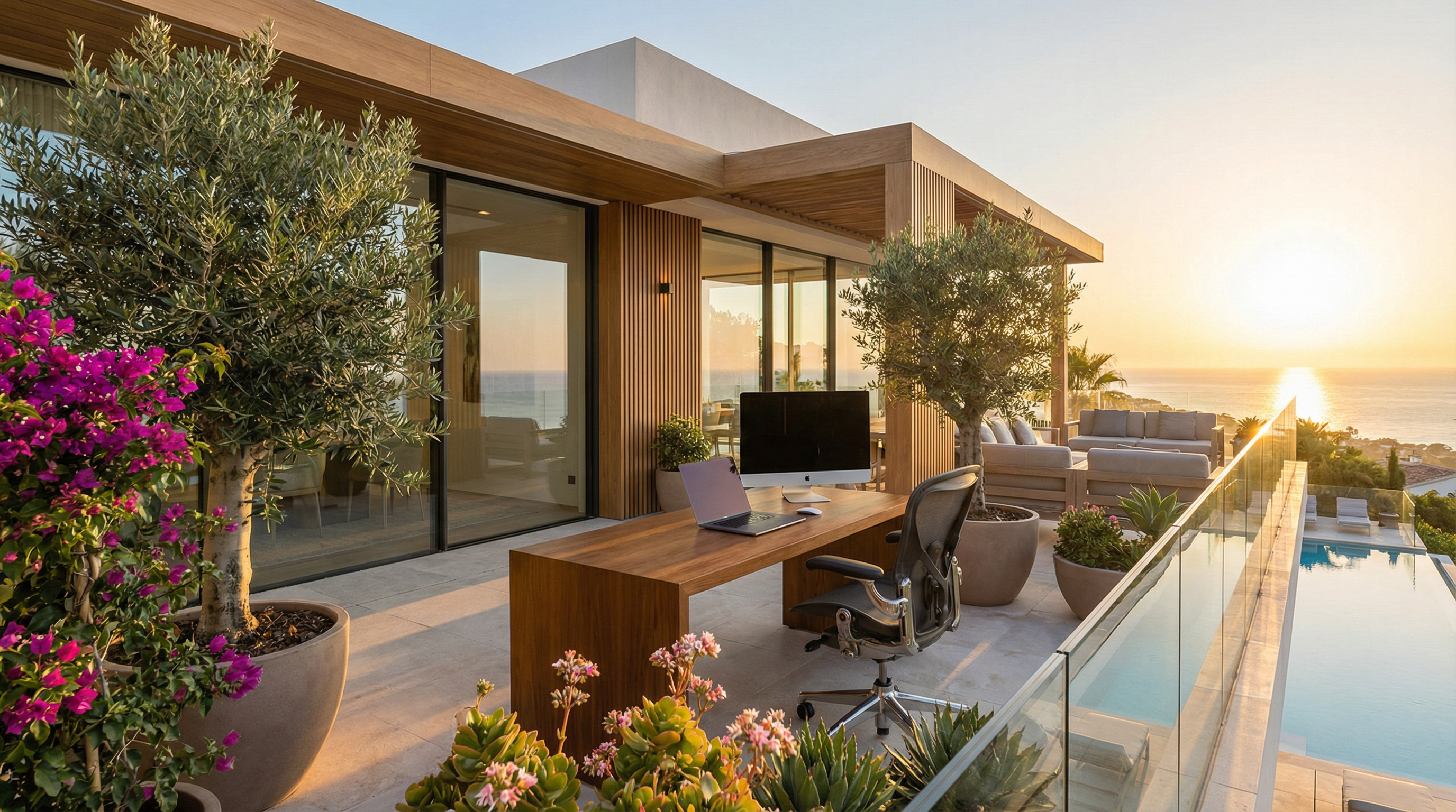 Upea merinäkymä modernista kotitoimistosta Costa del Solilla, jossa on tyyliin sisustettu työpöytä ja vihreät kasvit.