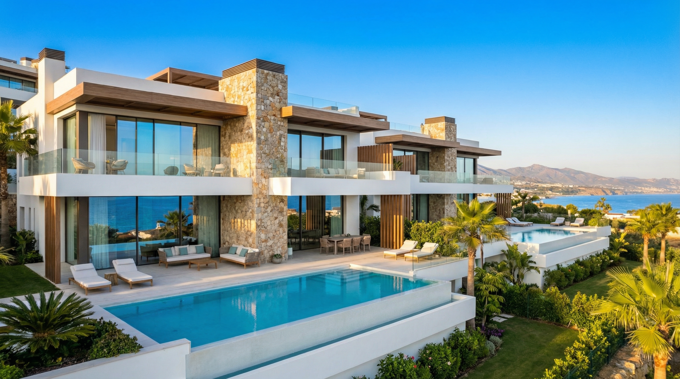 Upea näkymä luksusasunnoista Costa del Solilla, moderni Välimeren arkkitehtuuri, avarat terassit ja lasi-ikkunat, taustalla rannikko ja vuoret.