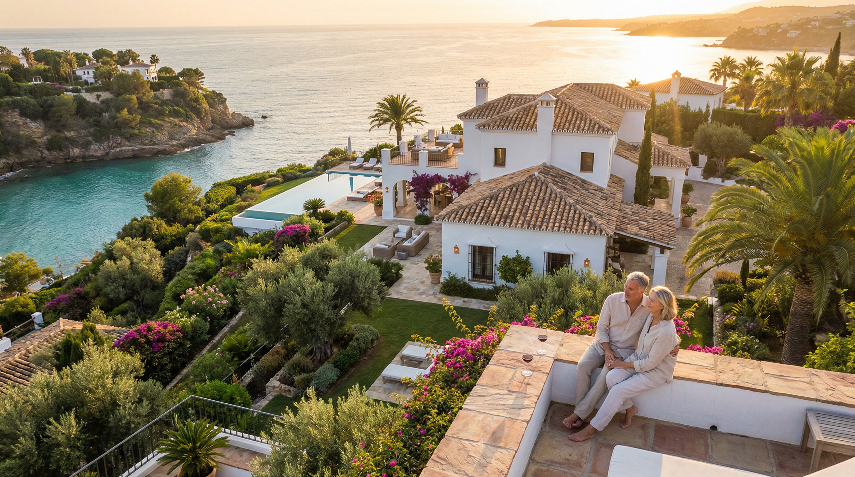 Aerial view af en luksuriøs villa ved stranden i Costa del Sol med hvidkalkede vægge og terracotta-tag, omgivet af frodige haver.