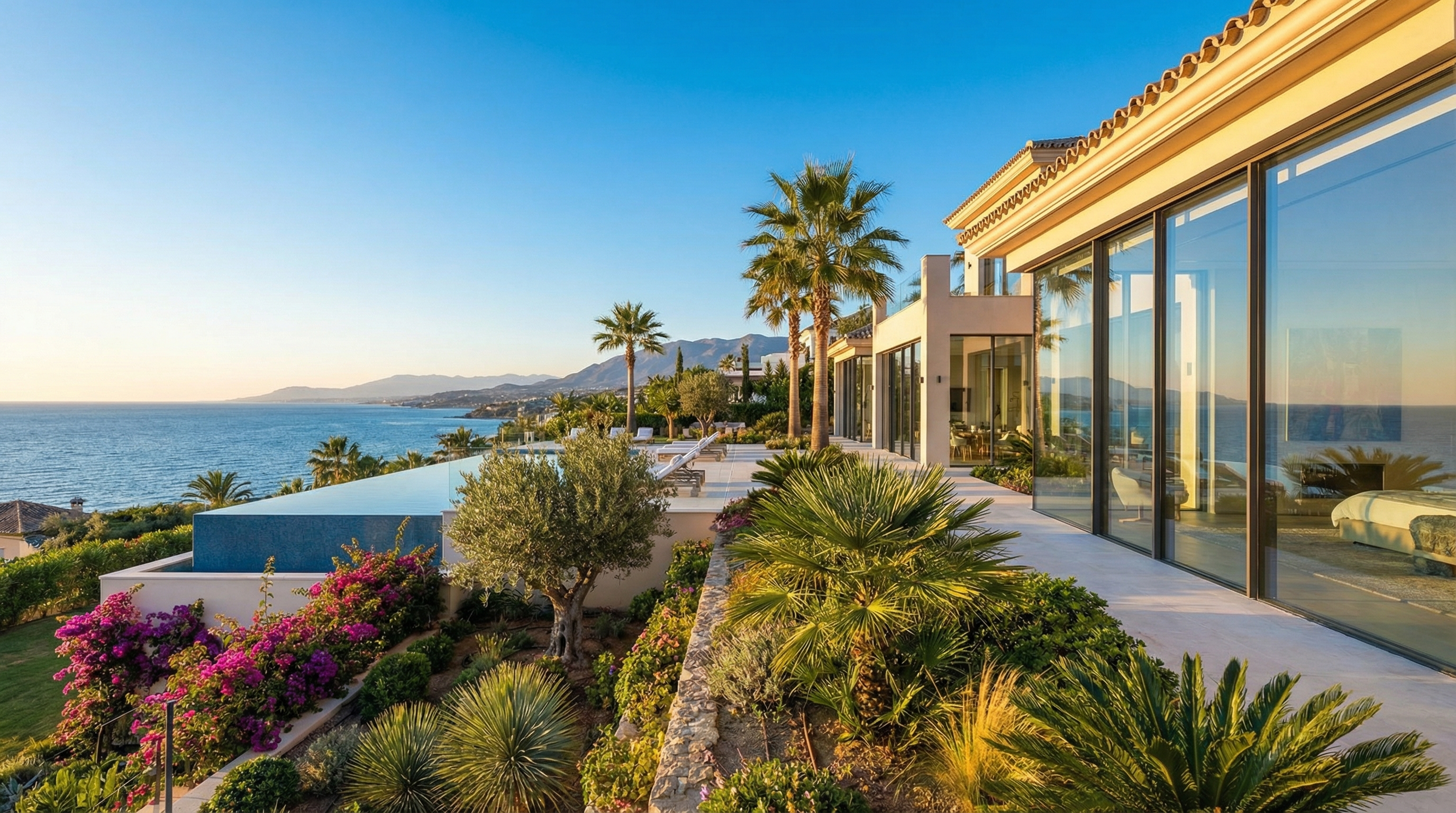Vue panoramique d'une propriété côtière luxueuse sur la Costa del Sol, mettant en valeur une architecture méditerranéenne moderne avec jardin paysager.