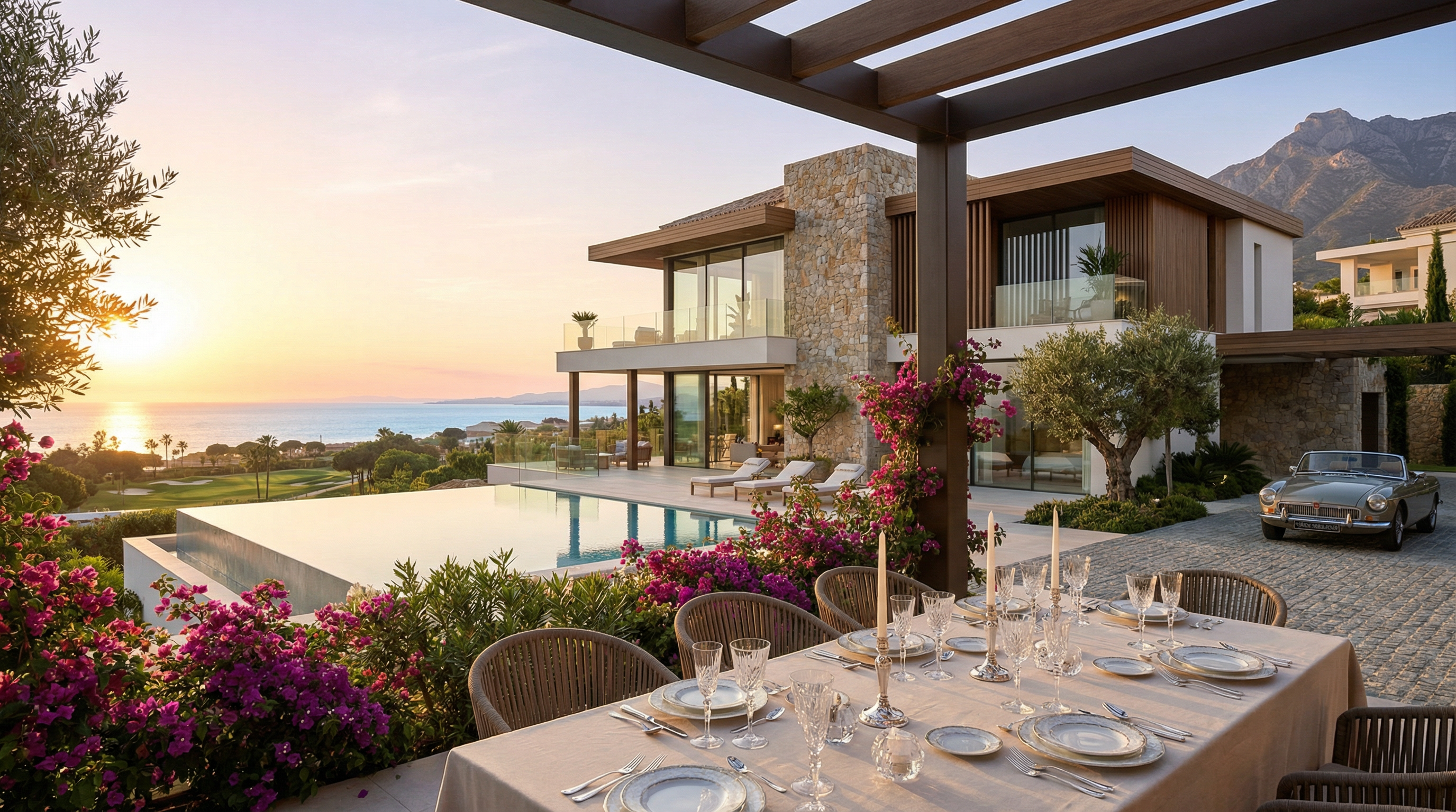 Vue d'une villa méditerranéenne luxueuse sur la Costa del Sol, avec piscine à débordement et jardin luxuriant au lever du soleil.
