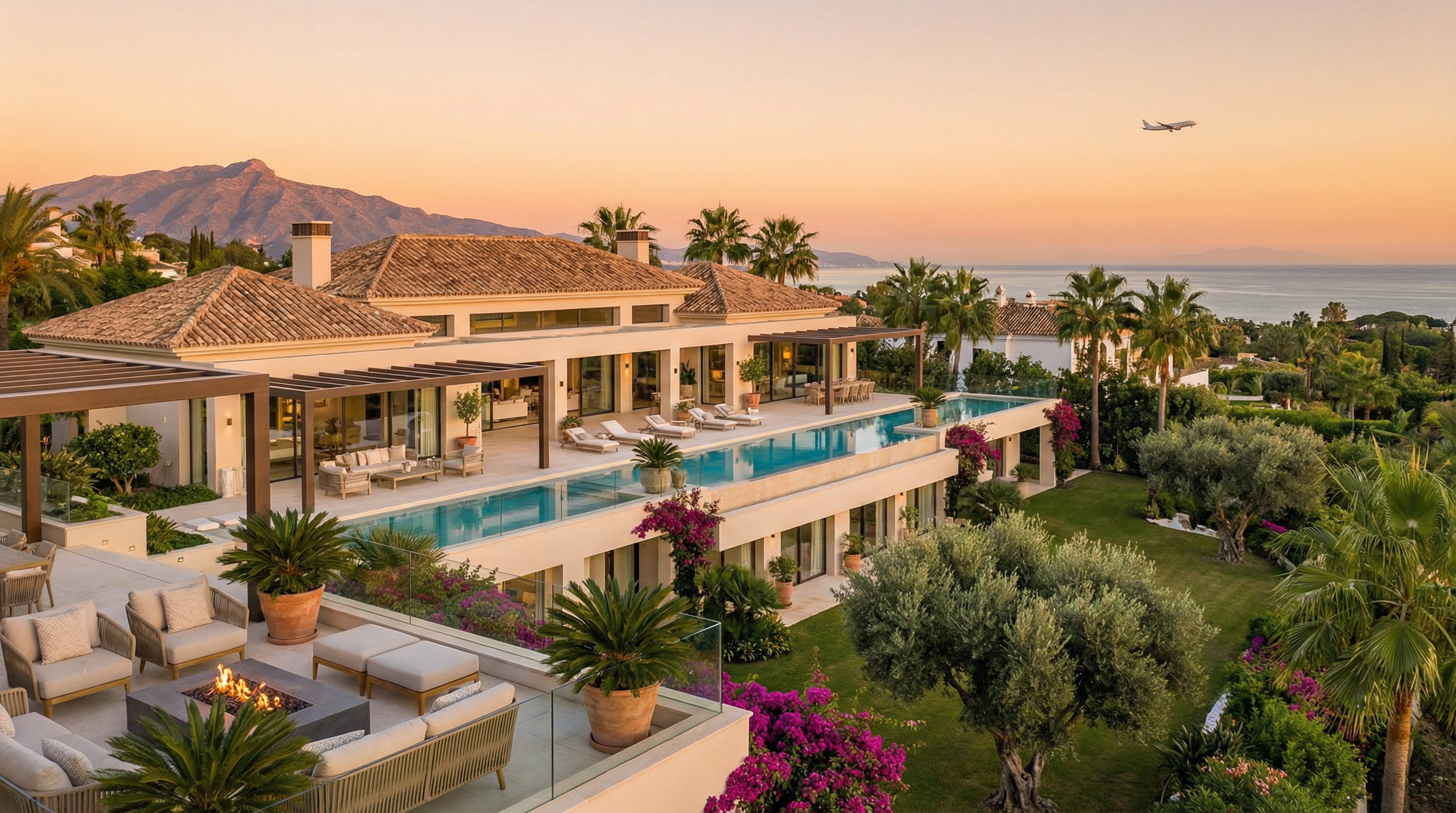 Panoramiczny widok luksusowej nieruchomości na Costa del Sol, z elegancką architekturą śródziemnomorską, ogrodami i bliskością lotniska w Maladze.