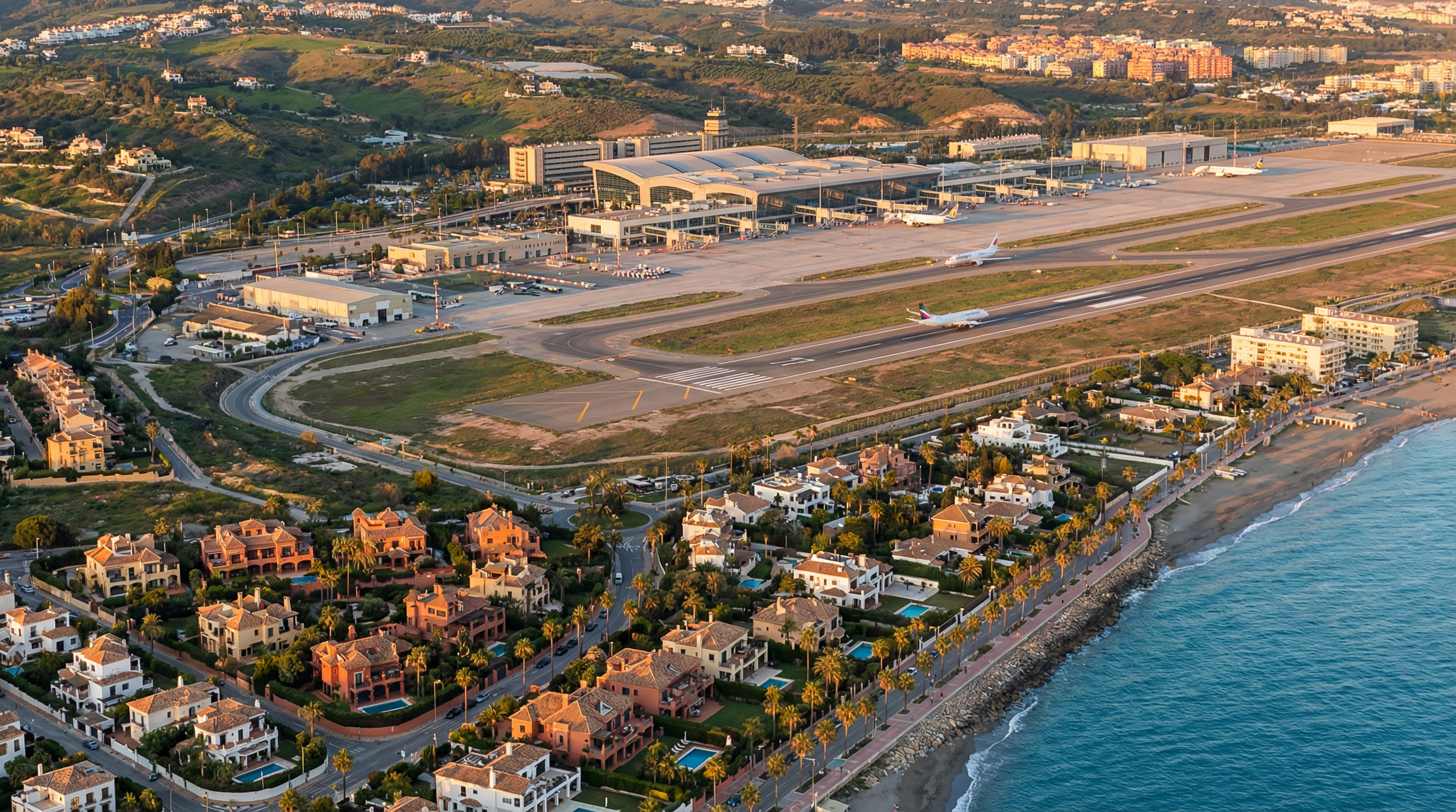 Aerial view of Málaga Airport with modern terminal, Costa del Sol coastline, luxury villas, and planes symbolizing growth in property values.