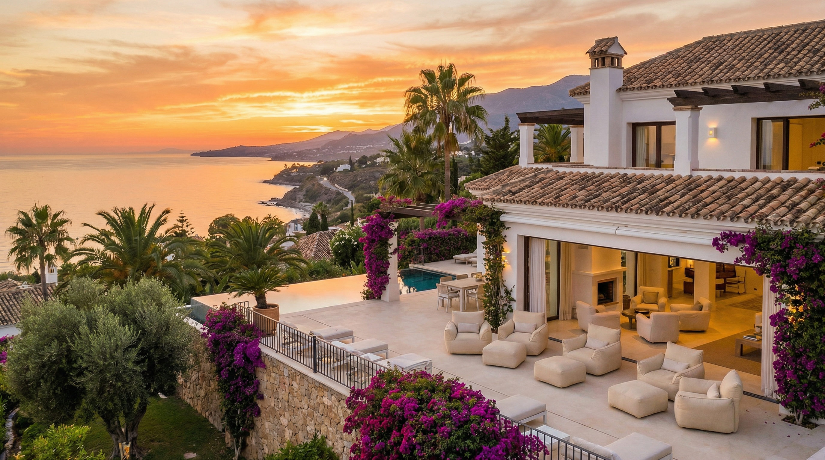 Luksusowa willa na Costa del Sol z białymi ścianami i tarasem, zachód słońca nad Morzem Śródziemnym, palmy i bougainvillea.