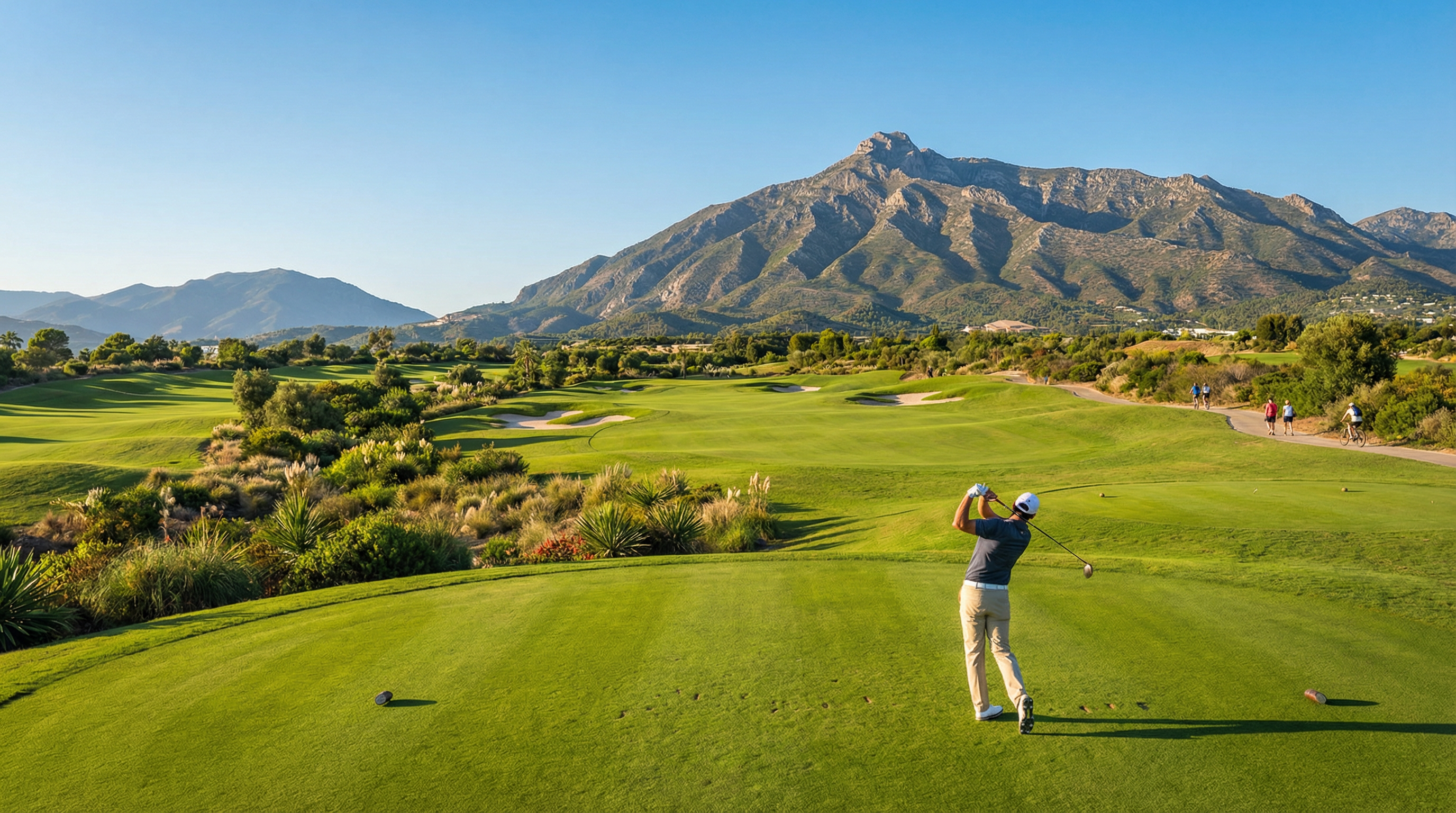 Panoramiczny widok na zielone pole golfowe na Costa del Sol, otoczone górami Sierra Blanca, z golfistą w ruchu i entuzjastami aktywności na świeżym powietrzu.