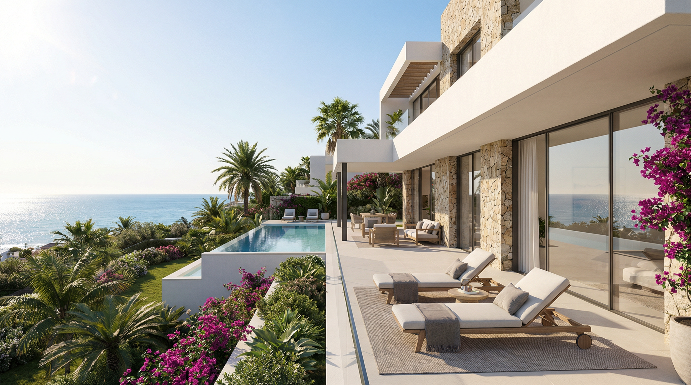 Nowoczesna willa nad Morzem Śródziemnym na Costa del Sol, otoczona palmami i bujnymi ogrodami, z widokiem na błękitną wodę.