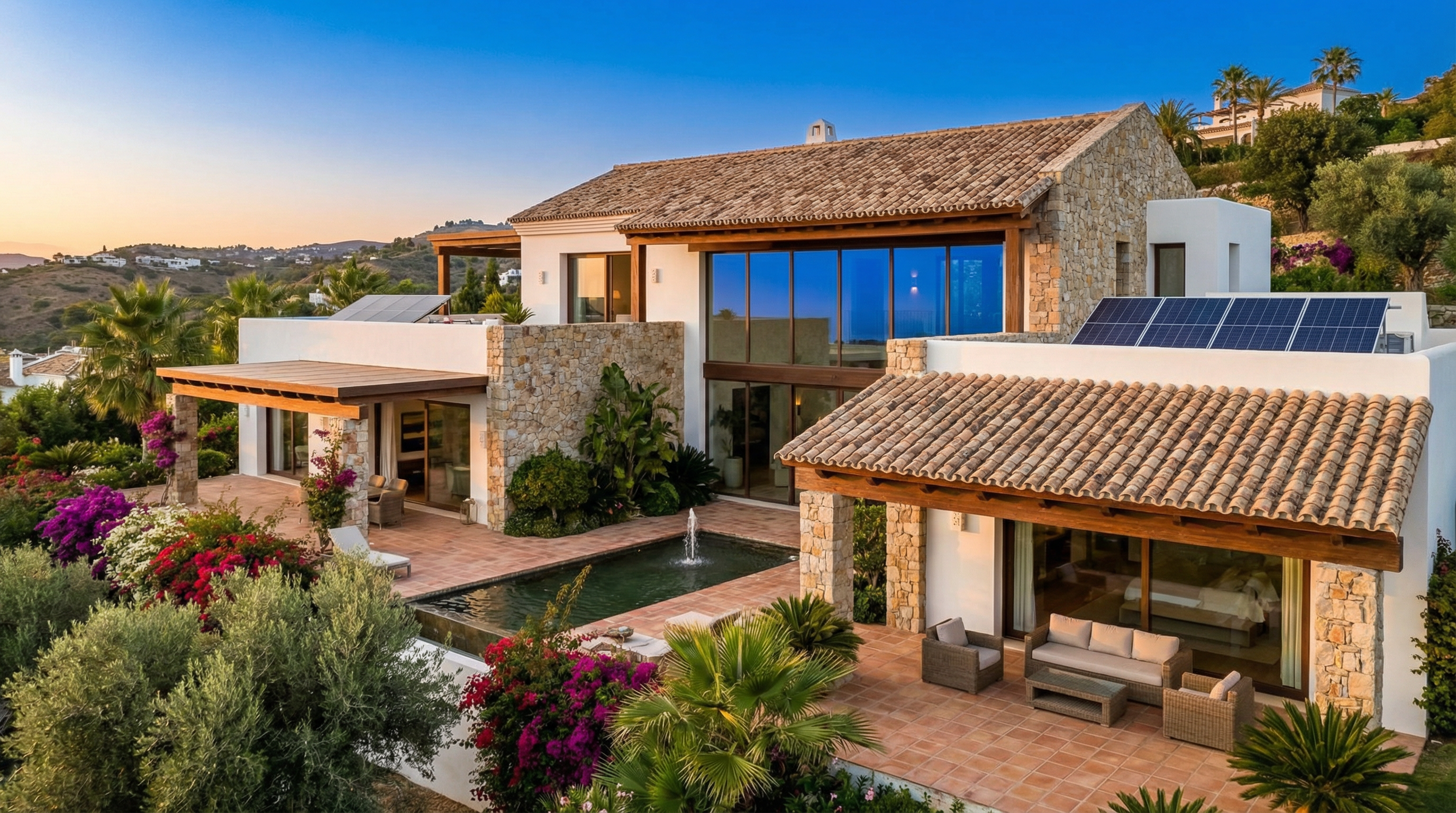 Nowoczesna willa na Costa del Sol z białymi elewacjami, głębokimi okapami i szklanymi oknami, otoczona bujną zielenią.