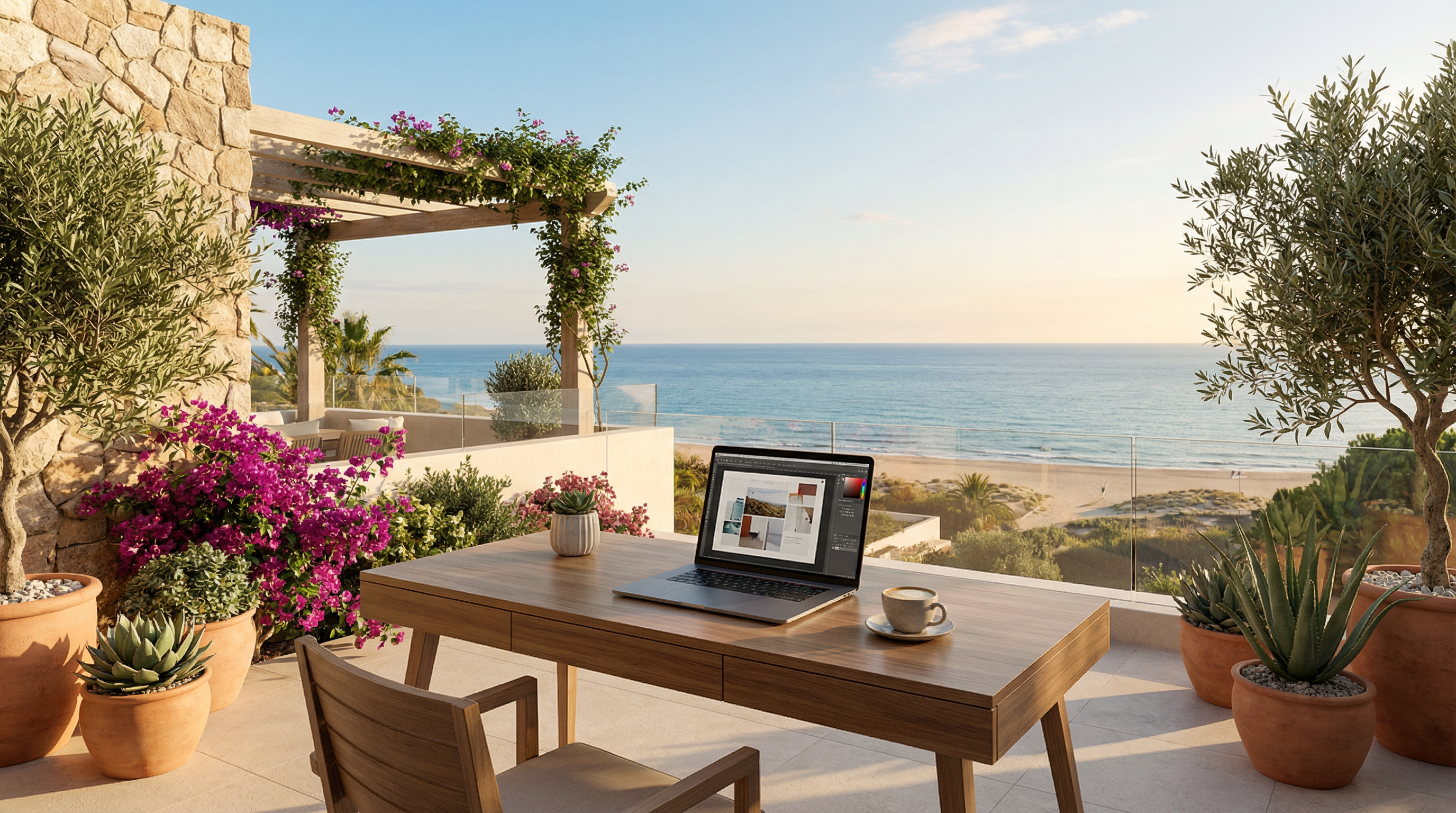 Moderne Arbeitsumgebung an der Costa del Sol mit Laptop und Kaffeetasse auf einer Terrasse mit Blick auf den sonnigen Strand und mediterrane Pflanzen.