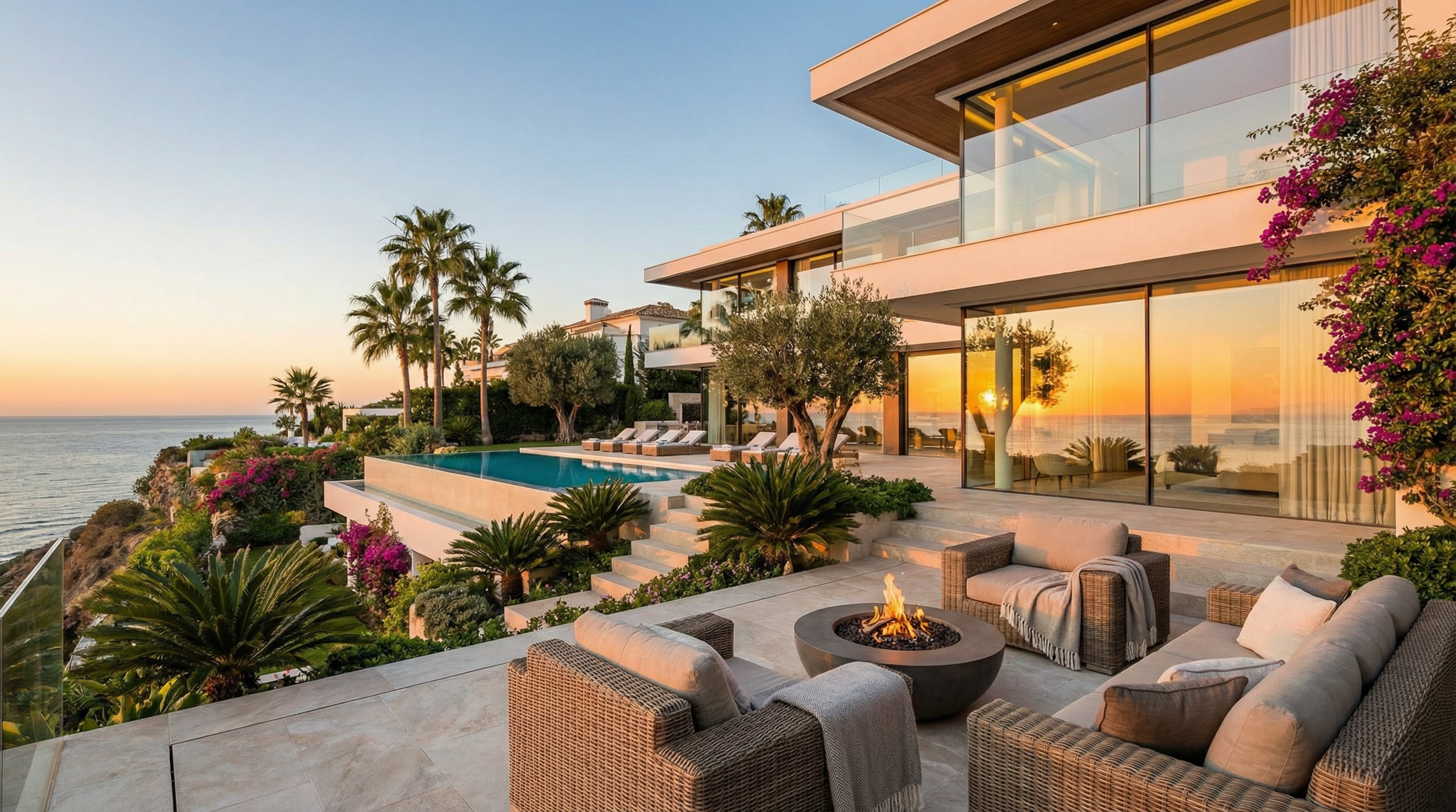 Luxurious villa in Costa del Sol with modern architecture, large windows, and serene gardens during golden hour, showcasing expat lifestyle.