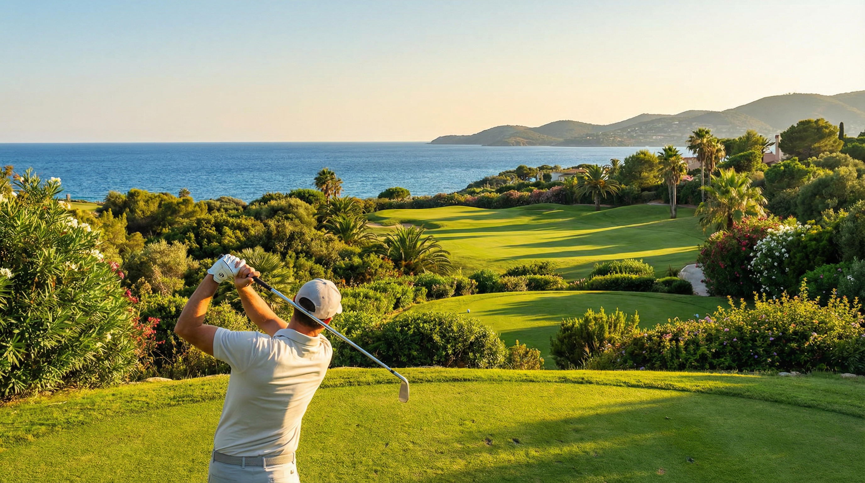 Golfari lyö palloa kauniilla golfkentällä Costa del Solissa, taustalla Välimeri ja vehreät mäet auringon paisteessa.