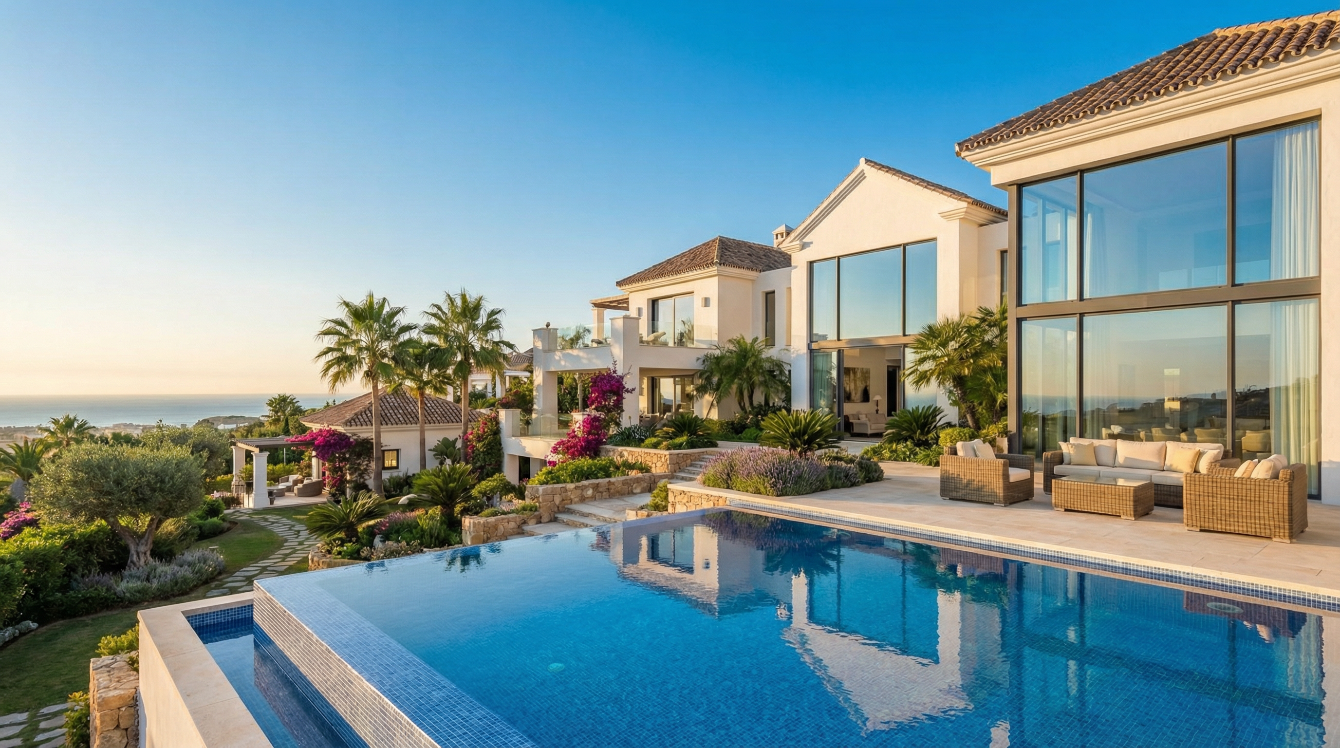 A luxury villa in Costa del Sol featuring elegant white stucco walls, terracotta roof tiles, and a stunning infinity pool surrounded by lush gardens.