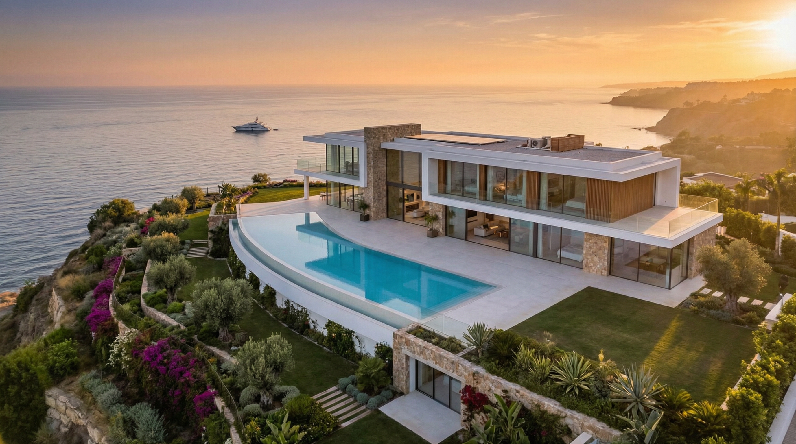 Aerial view of a contemporary new-build villa on the Costa del Sol, featuring expansive glass facades, an infinity pool, and lush gardens against the Mediterranean backdrop.