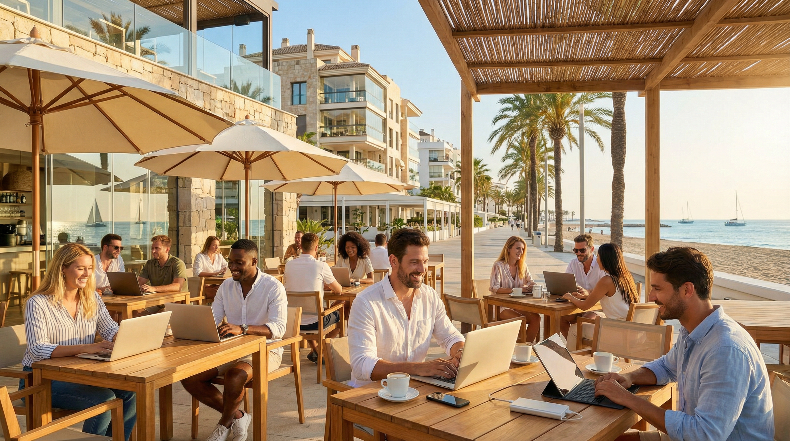 A vibrant beachfront scene in Puerto Banús, Costa del Sol, showing digital nomads working at a café with palm trees and the Mediterranean Sea in the background.