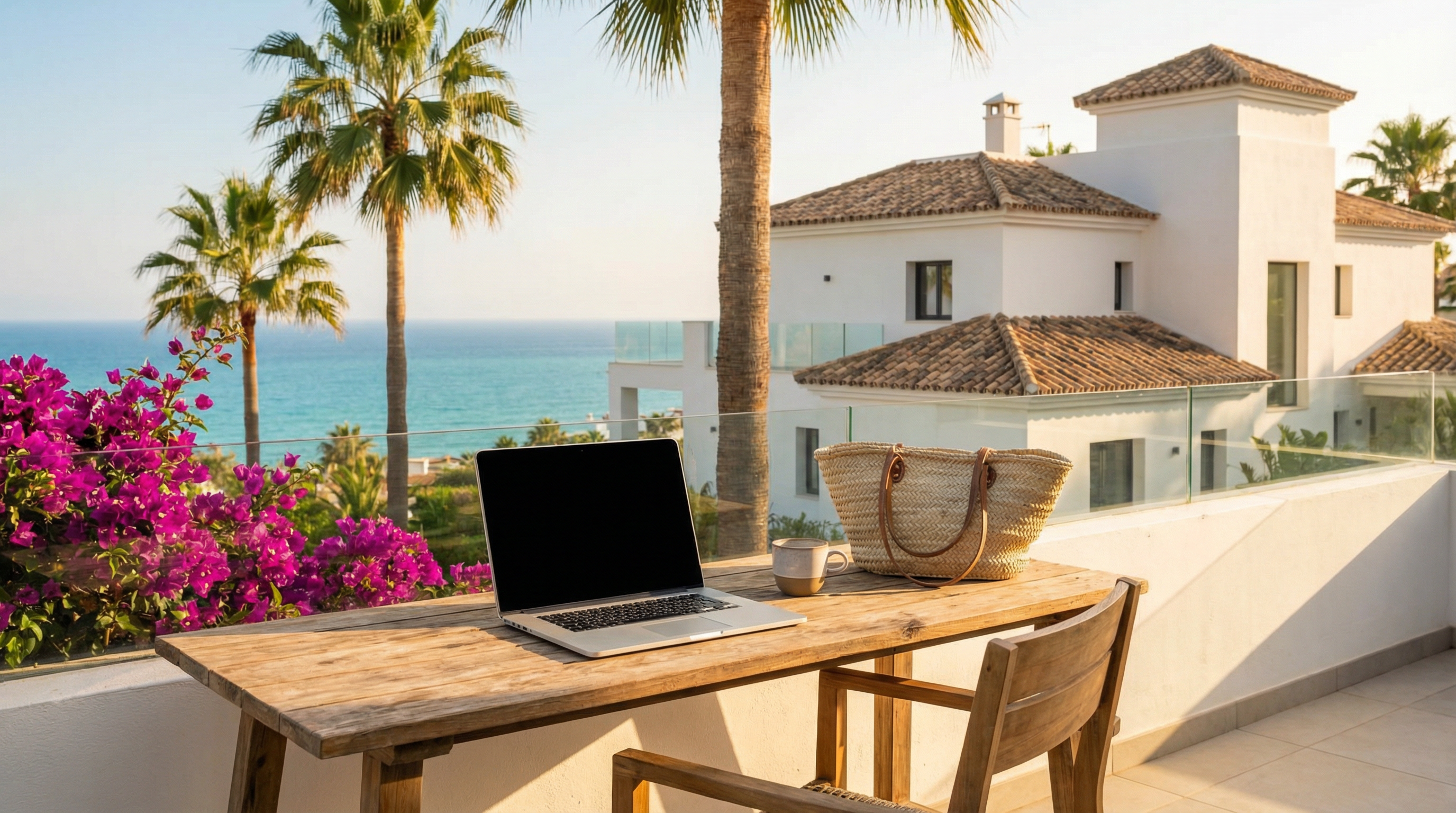 Stylish outdoor workspace on a terrace in Costa del Sol, featuring a laptop, palm trees, and a view of the Mediterranean Sea during golden hour.