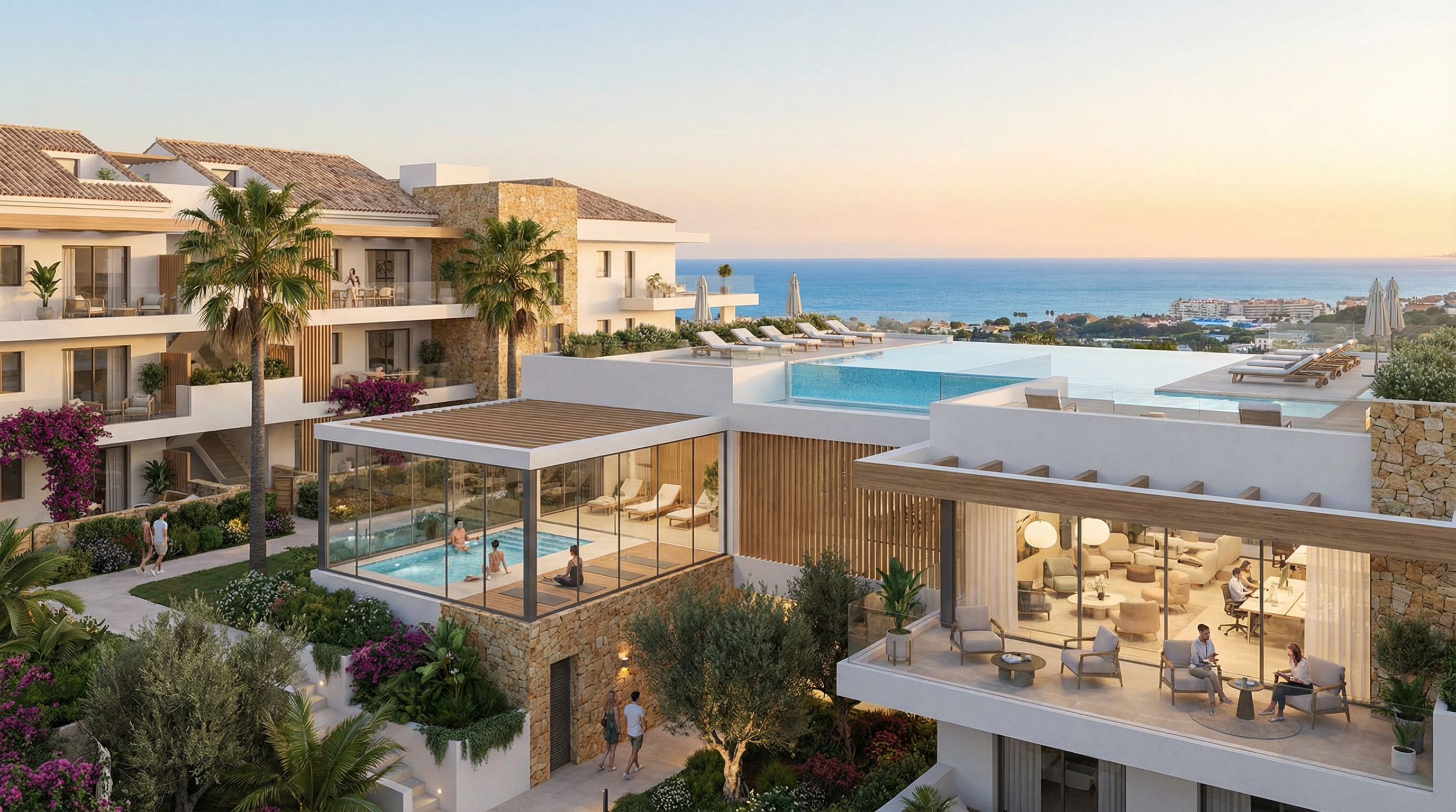 Modern luxury apartment complex in Costa del Sol featuring a wellness spa, coworking lounge, and rooftop infinity pool overlooking the Mediterranean Sea.