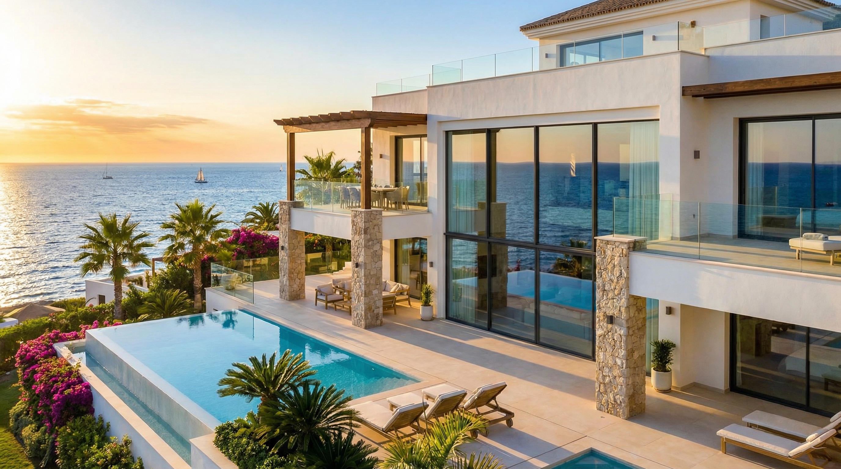 Modern beachfront property in Costa del Sol showcasing Mediterranean architecture, expansive glass windows, and lush landscaping during golden hour.