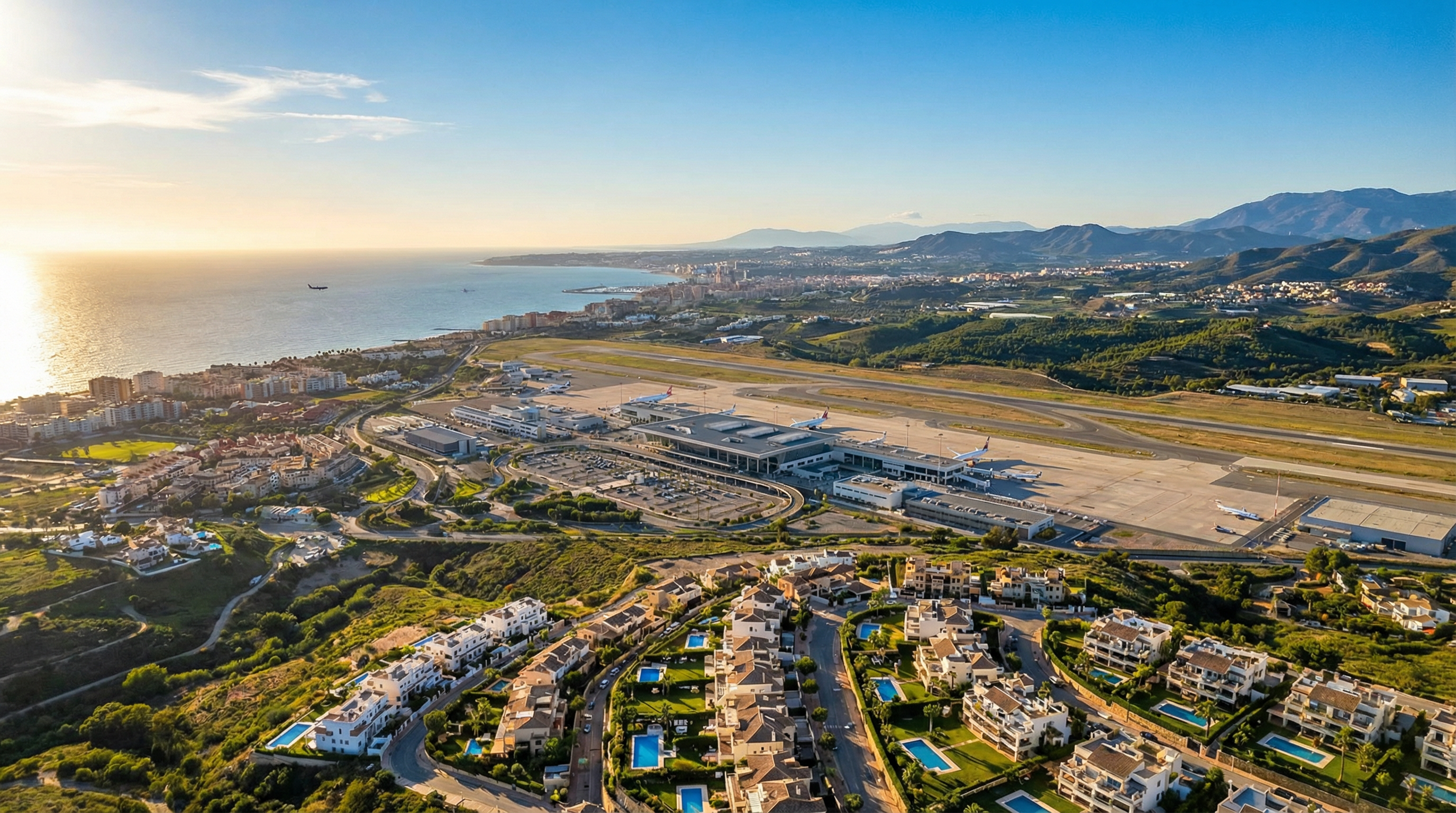 Aerial view of Málaga Airport in Costa del Sol, featuring modern architecture, luxury properties, and the shimmering Mediterranean coastline.