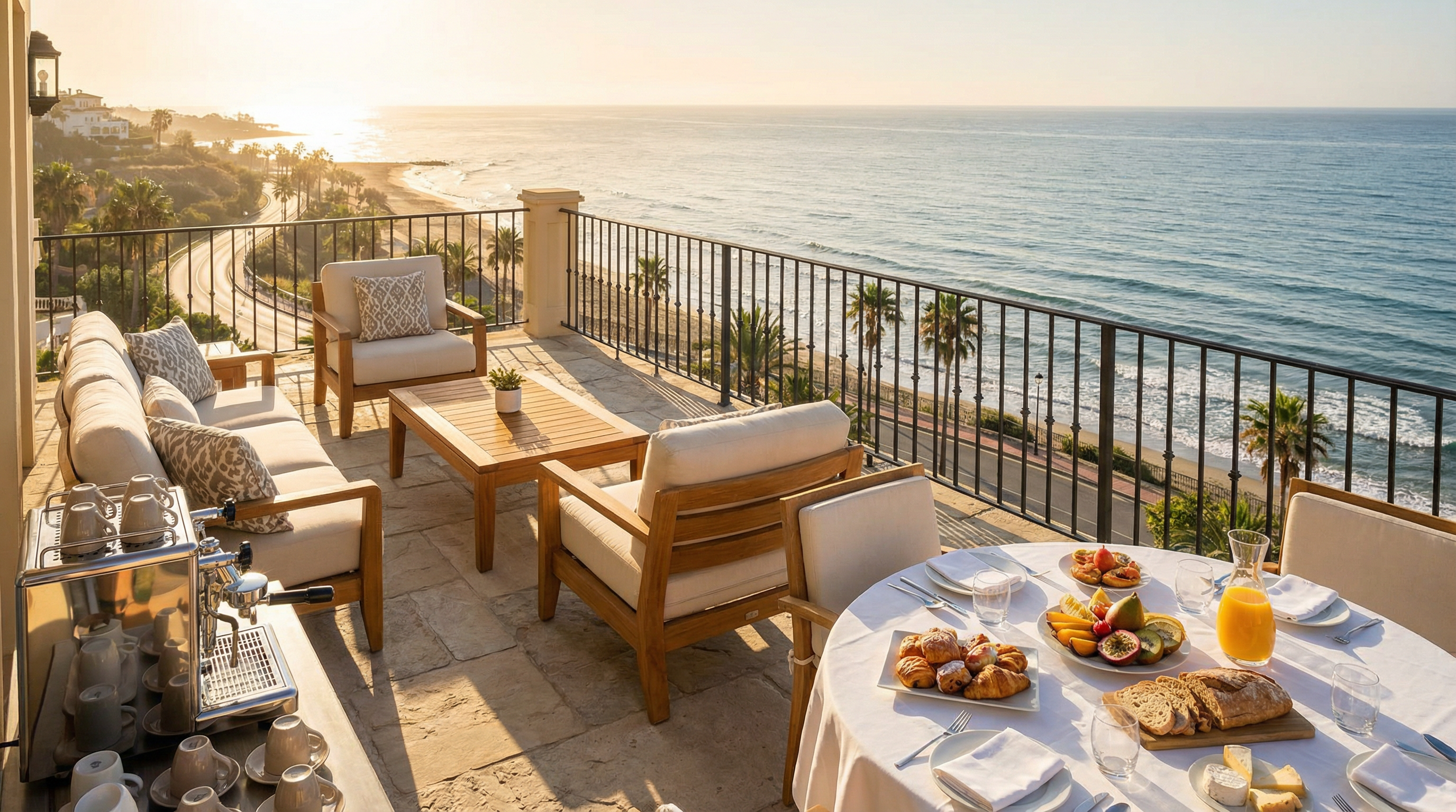 Luxurious terrace in Costa del Sol overlooking the Mediterranean Sea at sunrise, featuring elegant outdoor furniture and gourmet breakfast setup.