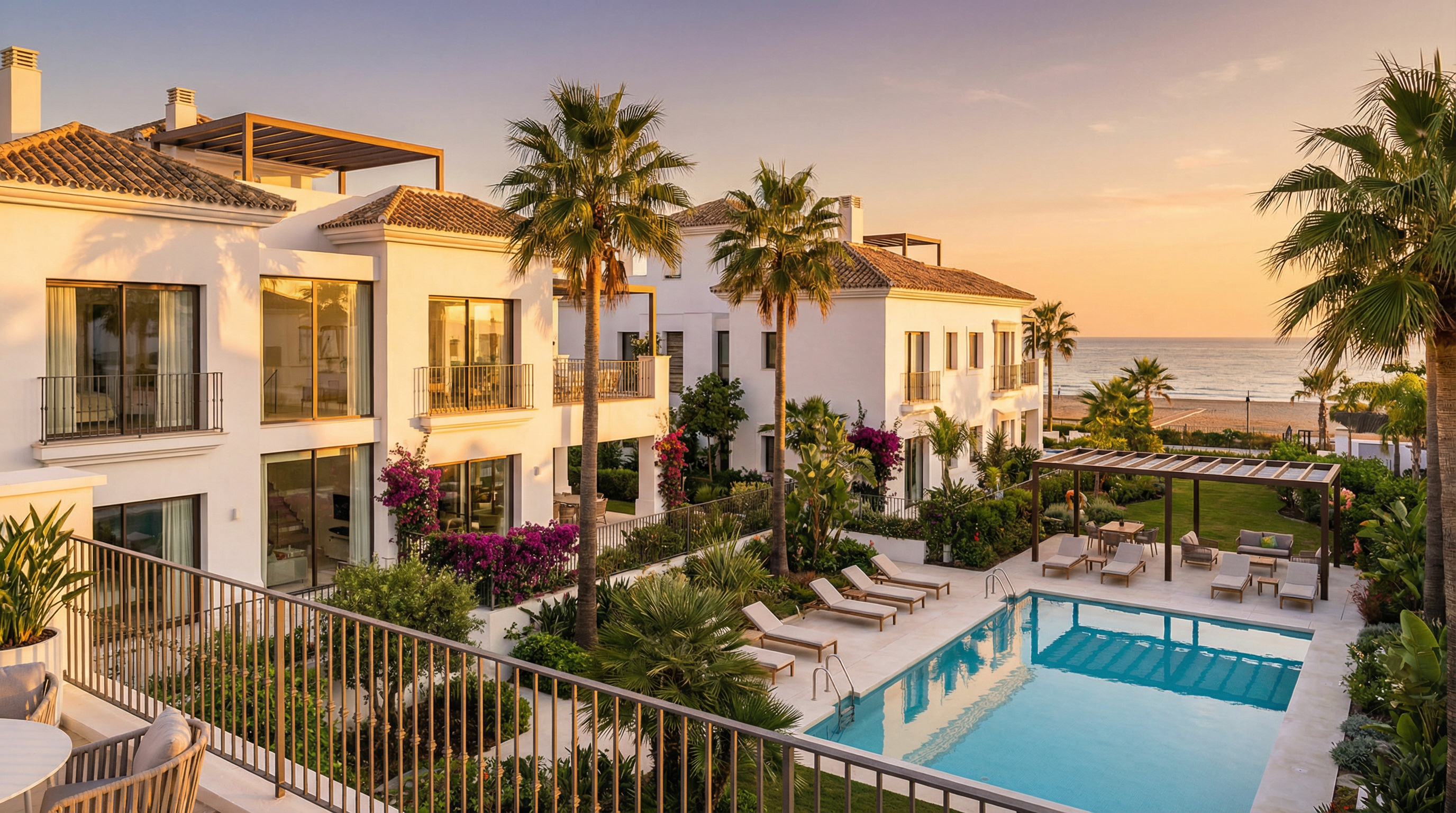 Modern apartment complex in Costa del Sol featuring a heated pool, lush gardens, and coworking lounge, showcasing Mediterranean architecture.