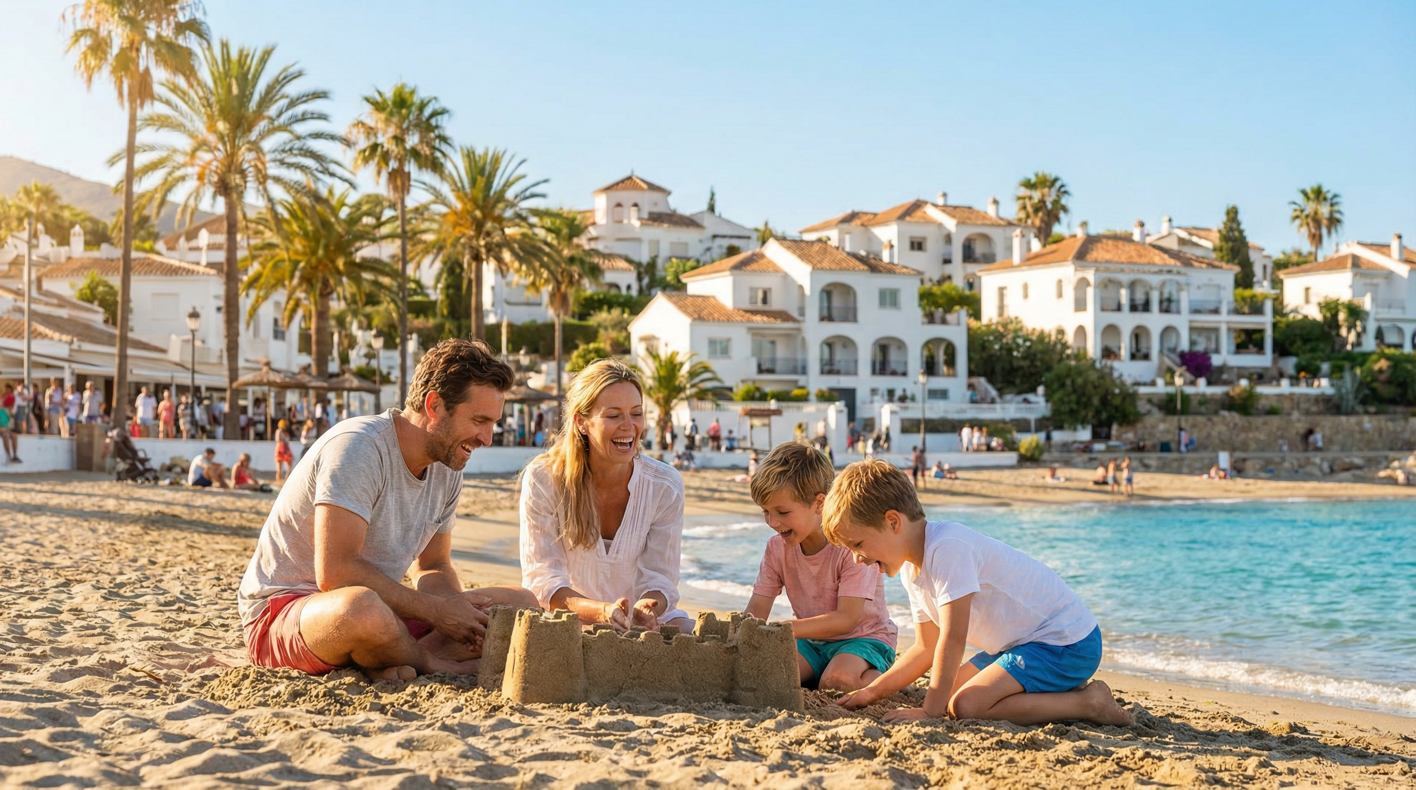 Eine Familie genießt einen sonnigen Strandtag an der Costa del Sol, umgeben von Palmen und klarem Wasser, mit modernen Villen im Hintergrund.