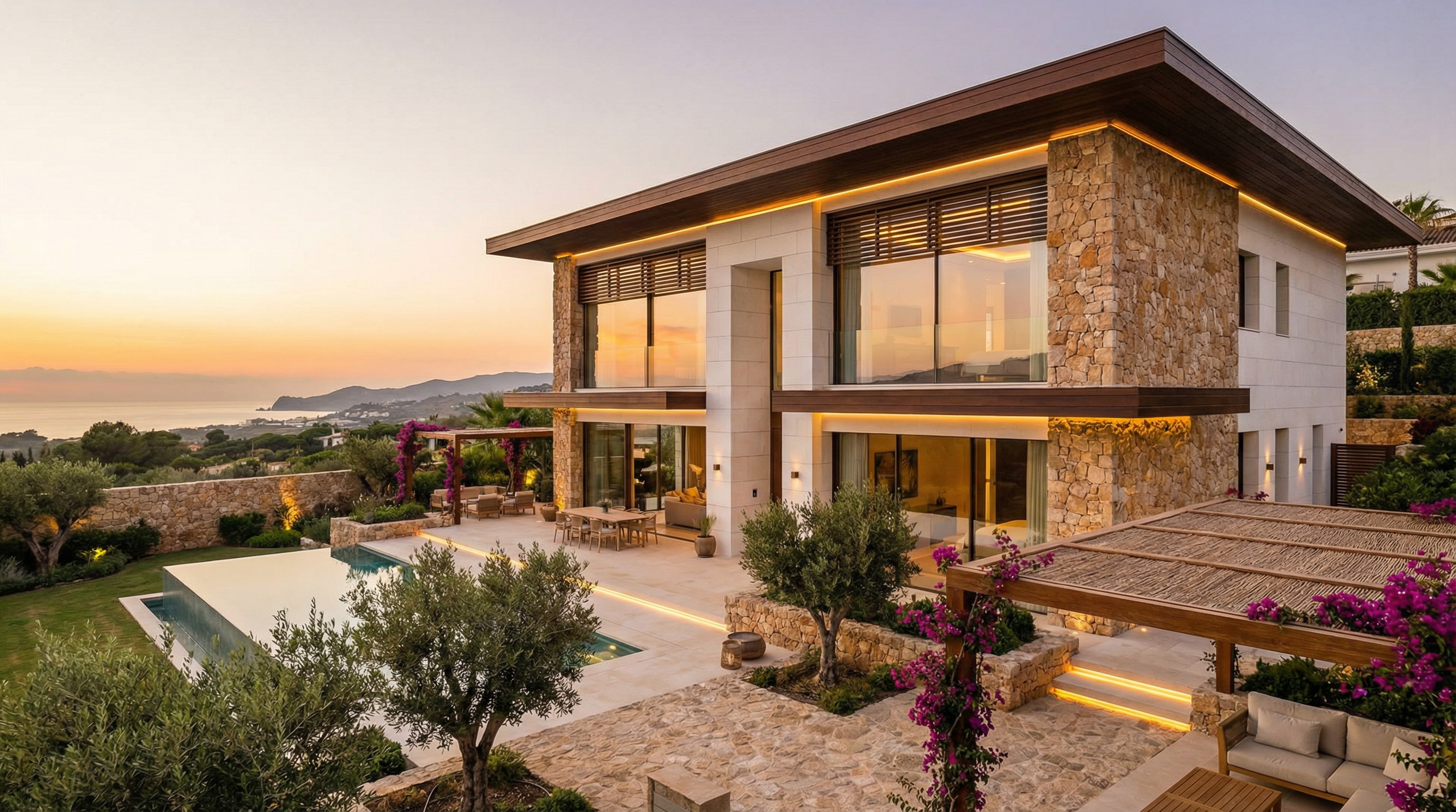 Nowoczesna willa na Costa del Sol z białą elewacją z wapienia, otoczona krajobrazem i tarasami, łącząca styl śródziemnomorski z współczesnym designem.