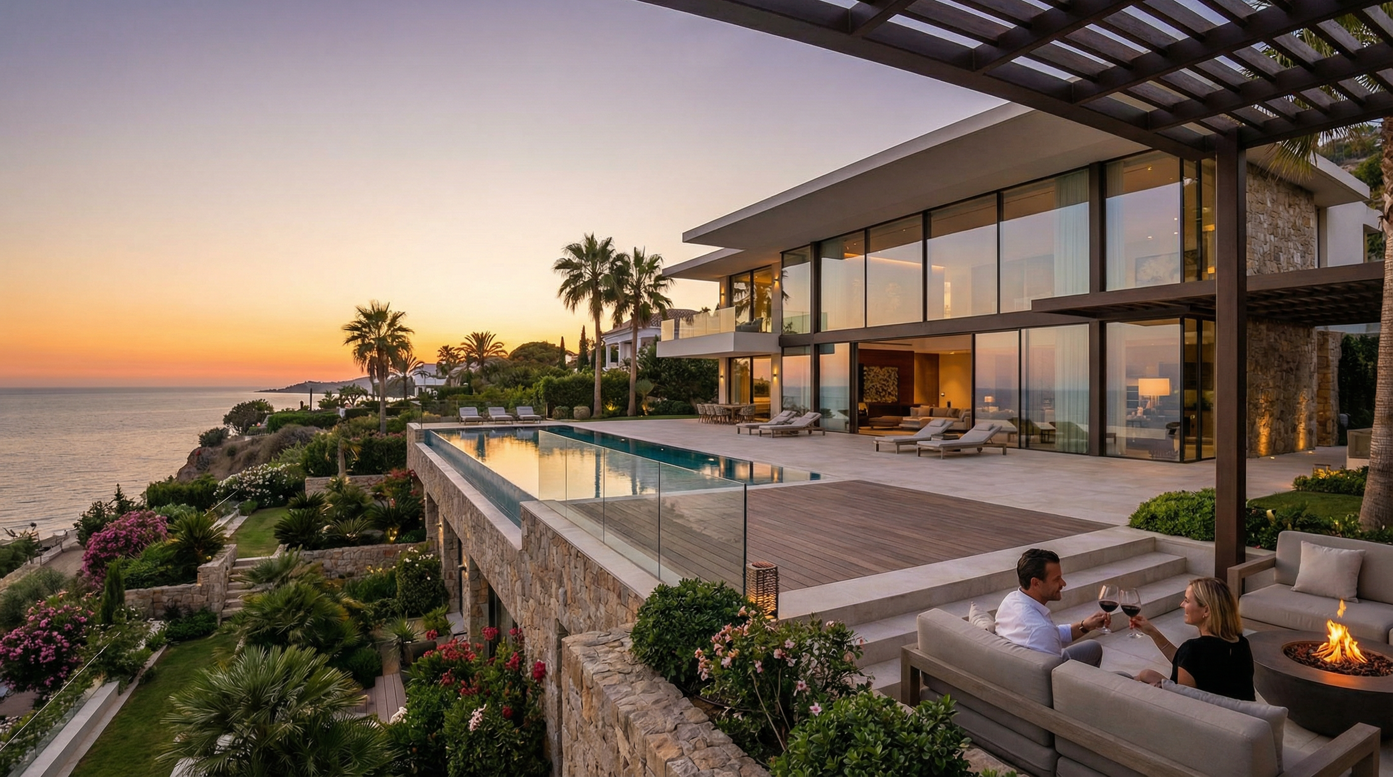 Panoraamanäkymä modernista luksusvillasta Costa del Solilla, jossa on lasiset ikkunat, infinity-uima-allas ja upea merinäköala.