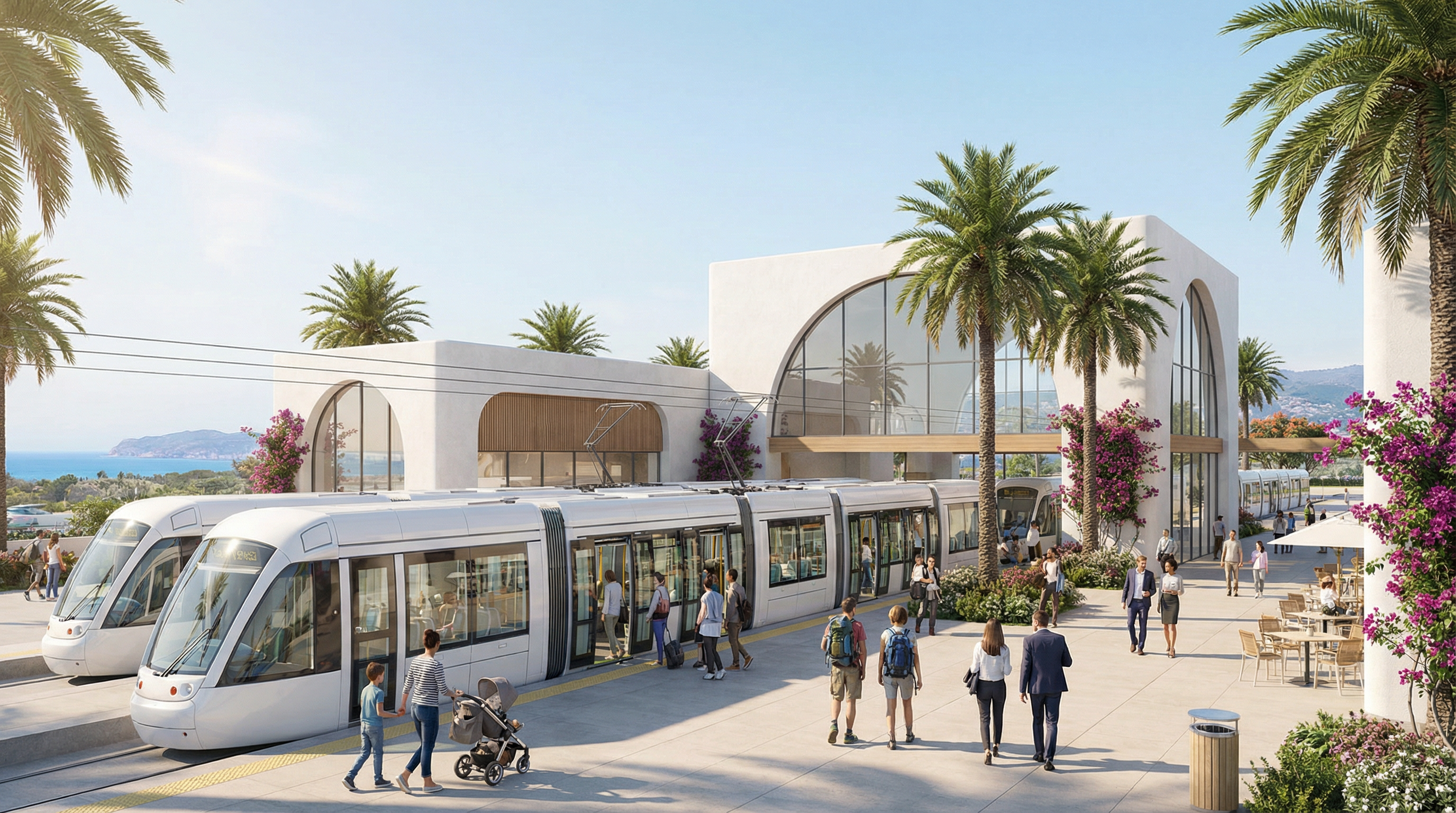 Moderni Costa del Solin julkisen liikenteen keskus, jossa ihmiset nousevat ja laskeutuvat nykyaikaisista Cercanías-junista. Viihtyisä ympäristö, kirkas taivas.