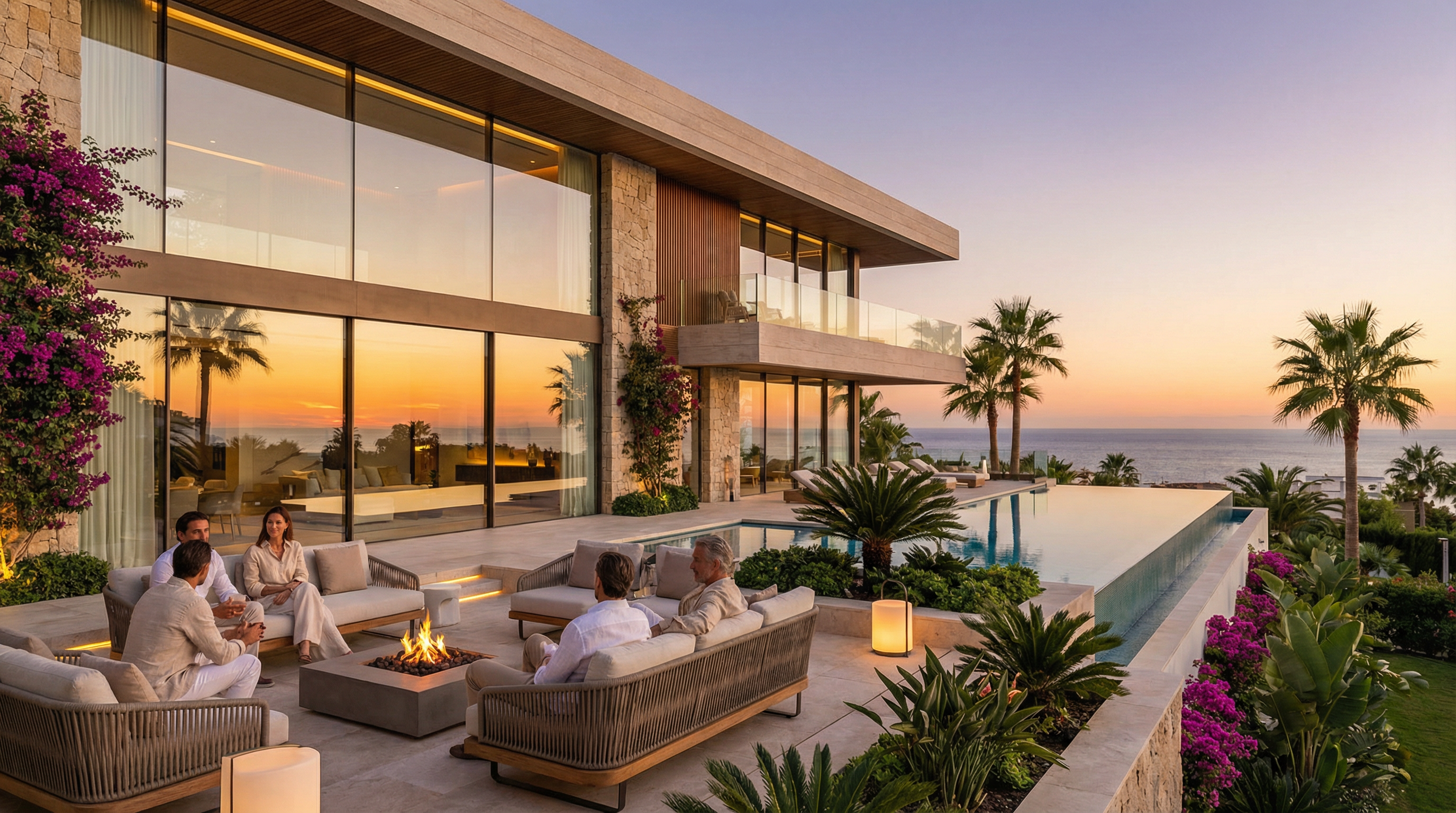 En luksuriøs branded residence på Costa del Sol med moderne arkitektur, glasfacader, infinity pool og tropisk landskab. Elegant livsstil i solnedgang.