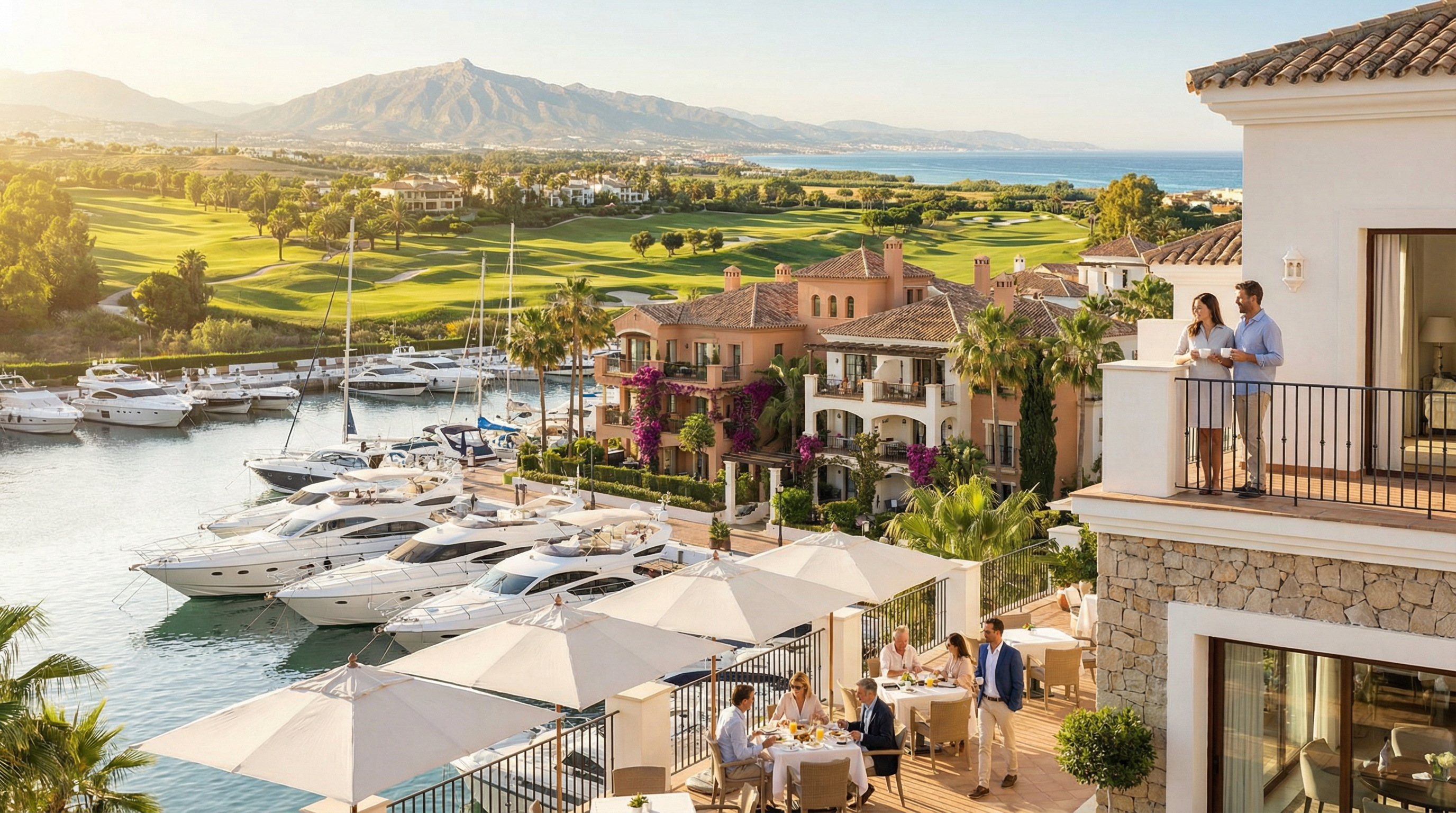 Luxueuze mediterrane levensstijl aan de Costa del Sol met jachten in de marina, cafés onder palmbomen en golfbanen op de achtergrond.