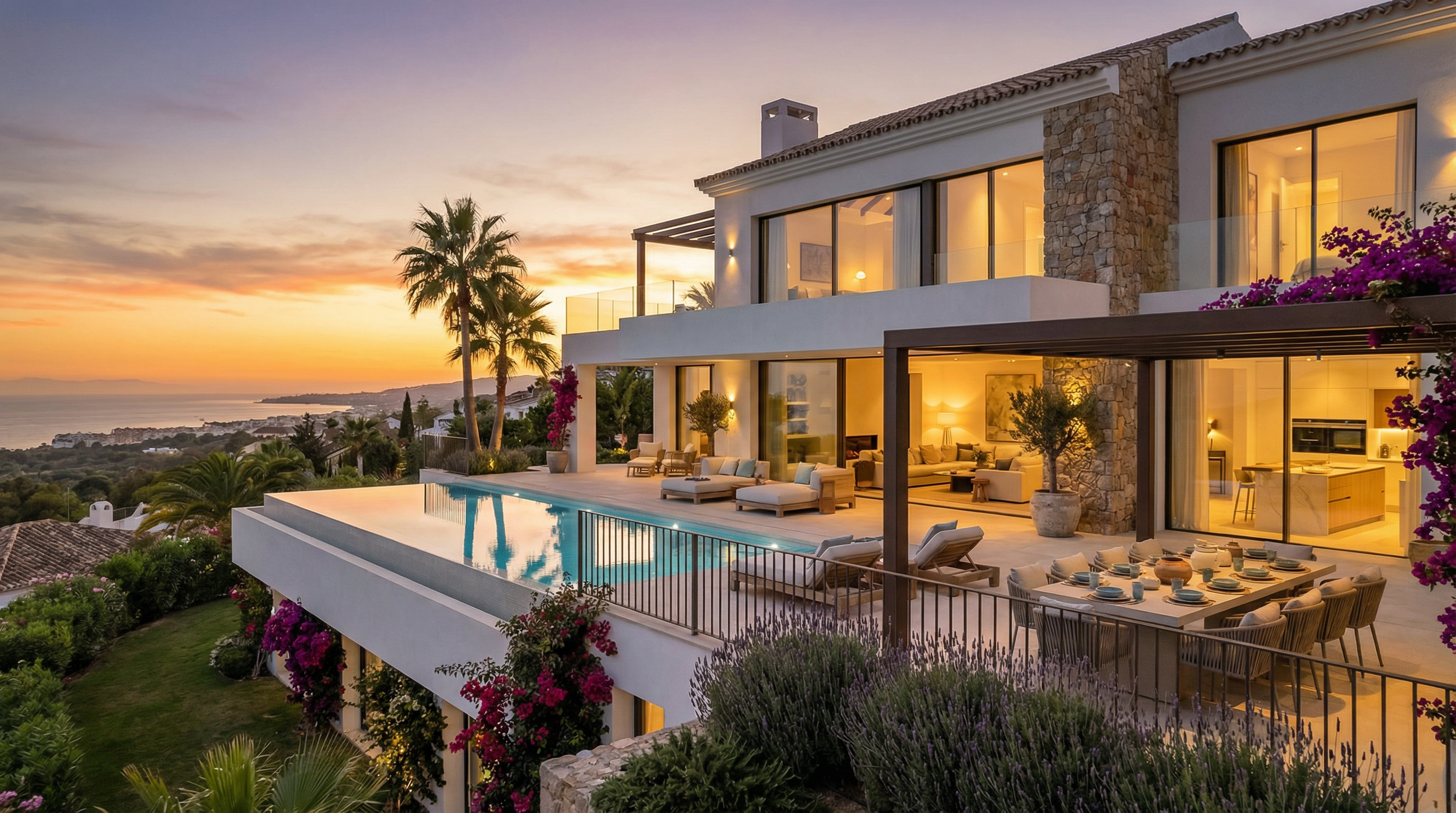 En fantastisk solnedgång över en lyxig villa i Costa del Sol med modern medelhavsstil, stor trädgård och infinitypool.