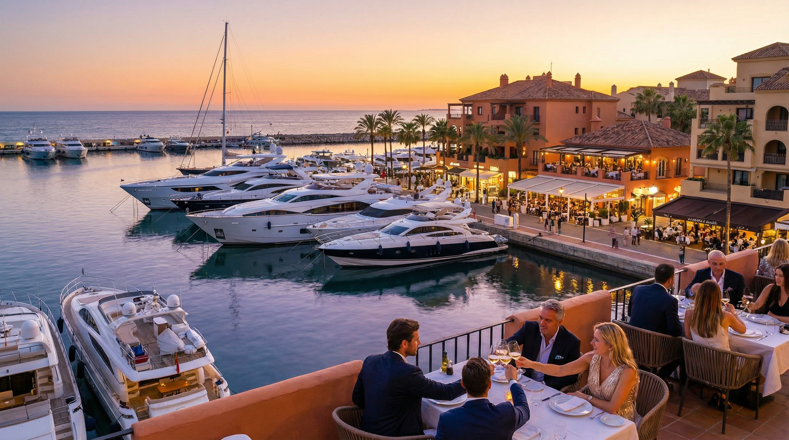 Luxurious Costa del Sol marina at sunset featuring elegant yachts, upscale dining, and palm trees, embodying Mediterranean sophistication.