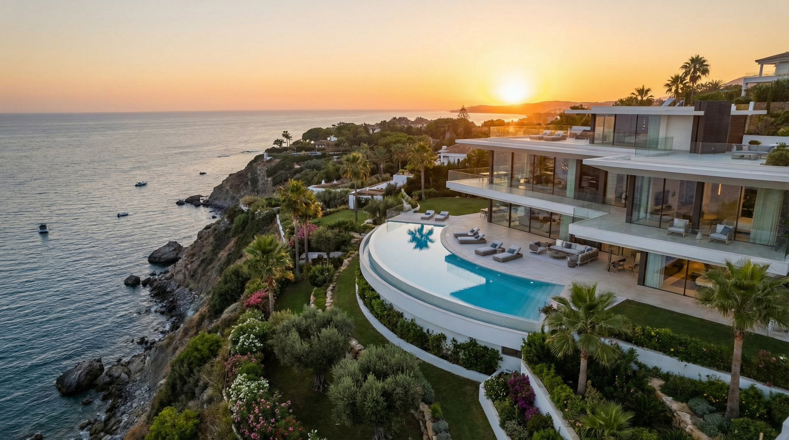 Luftaufnahme einer luxuriösen Markenresidenz an der Costa del Sol mit modernem Design, Infinity-Pool und mediterranem Küstenblick bei Sonnenuntergang.