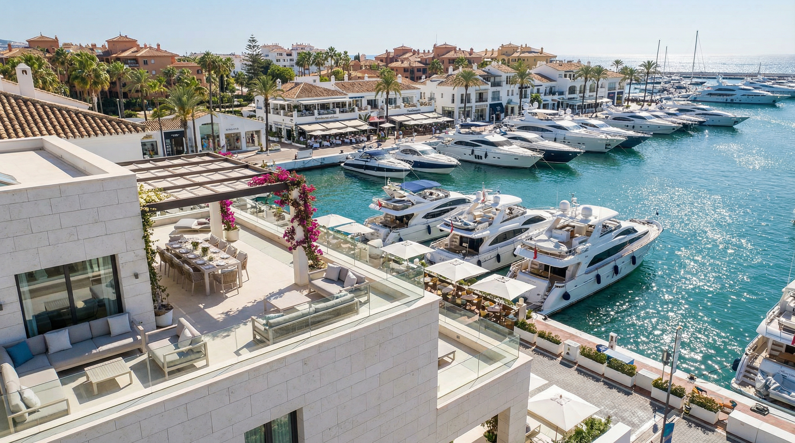Luxuriöse Immobilien an der Costa del Sol mit mediterraner Architektur, umgeben von üppigen Gärten und Blick auf das Meer.