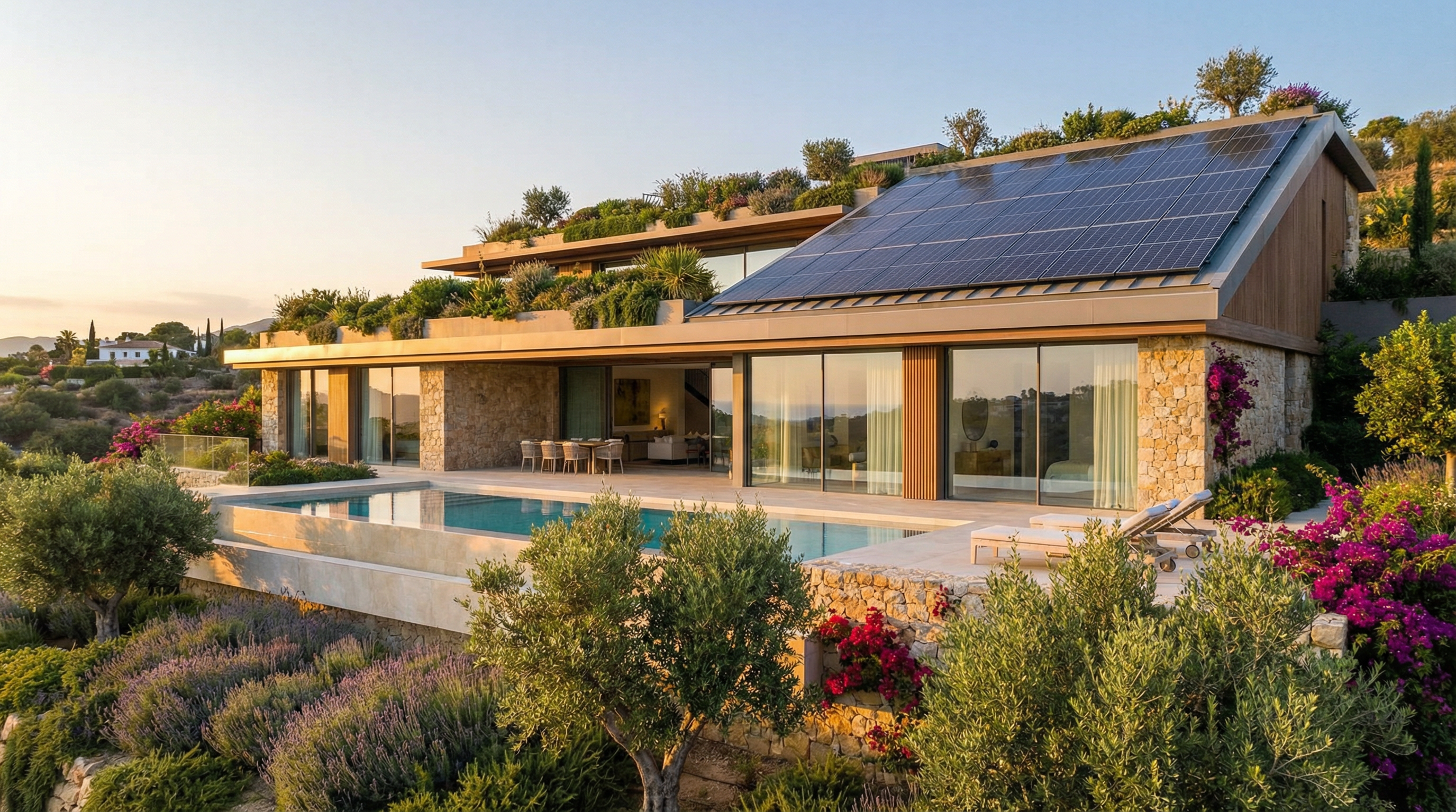 Modern eco-friendly villa in Costa del Sol featuring solar panels, green roofs, and large windows, surrounded by lush landscaping and a serene pool.