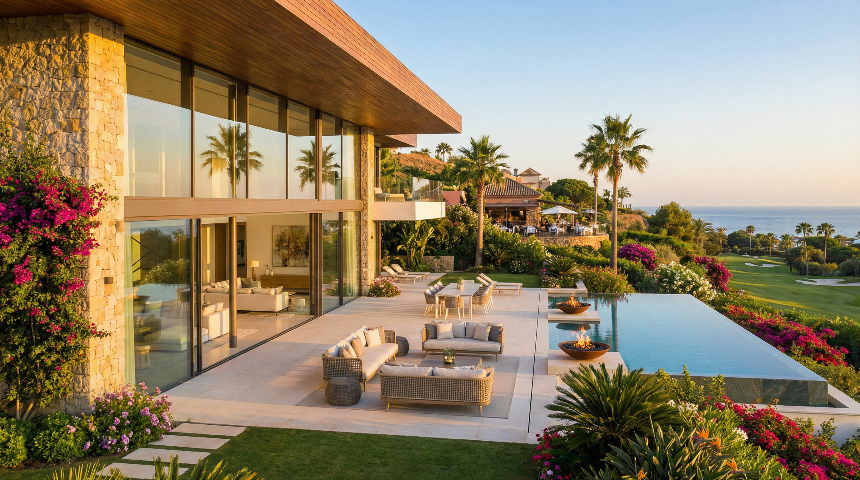 Upea luksusvilla Costa del Solissa, jossa on suuret ikkunat, aurinkoinen terassi Välimeren äärellä ja kauniisti hoidettu puutarha.