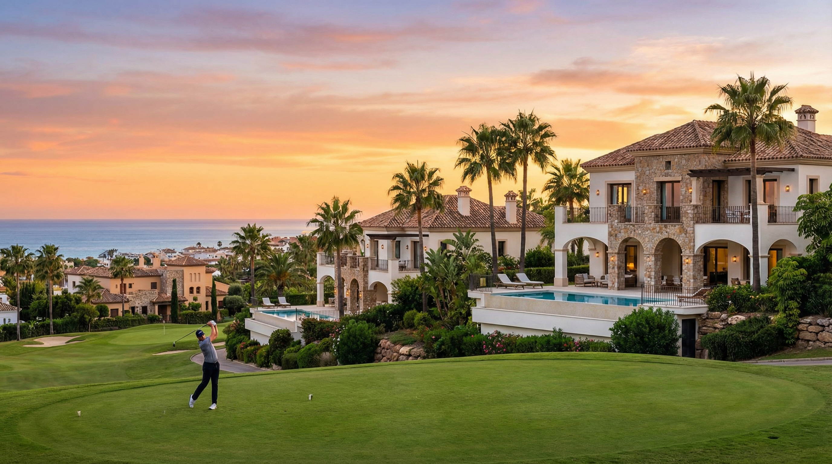 Upea auringonlasku Costa del Solin golfkentällä, taustalla elegantteja huviloita ja palmupuita, meri hohtaa kaukana.