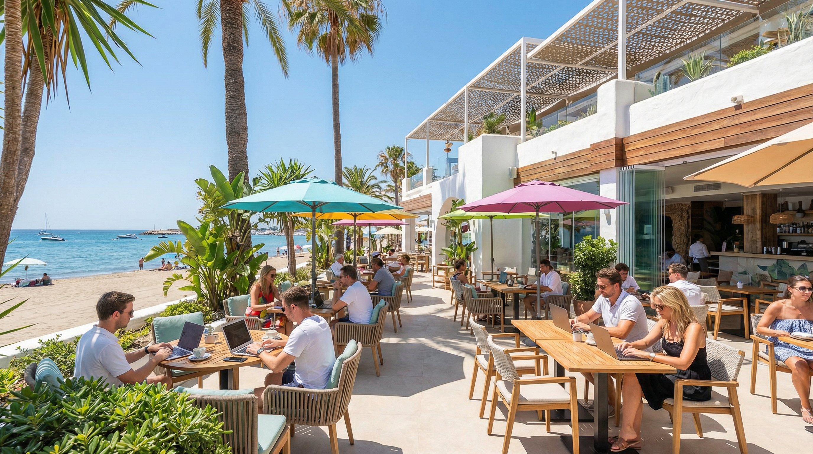 Tętniąca życiem scena kawiarniana w Puerto Banús, Costa del Sol, z cyfrowymi nomadami pracującymi na laptopach wśród palm i widoków na ocean.