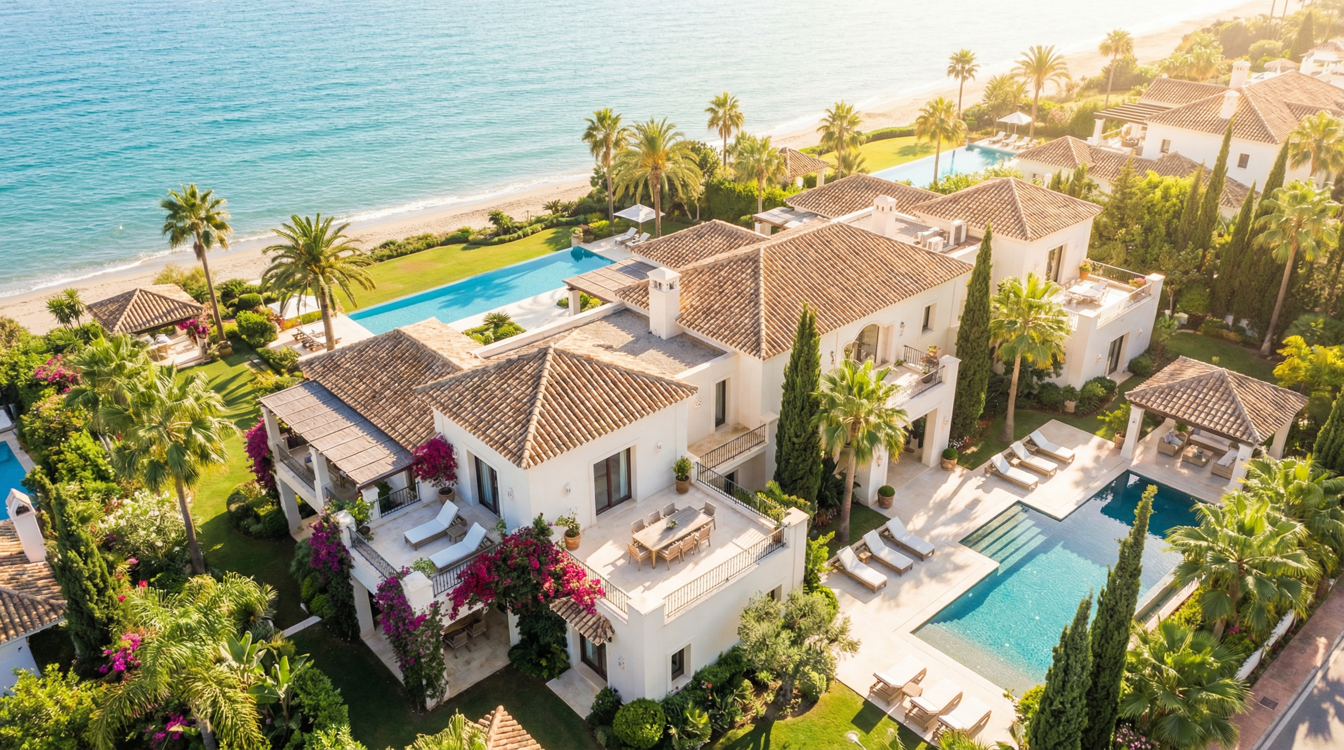 Luftbilde av en luksuriøs merkevarebolig på Costa del Sol, med elegant arkitektur og frodige hager mot den blå middelhavs sjøen.