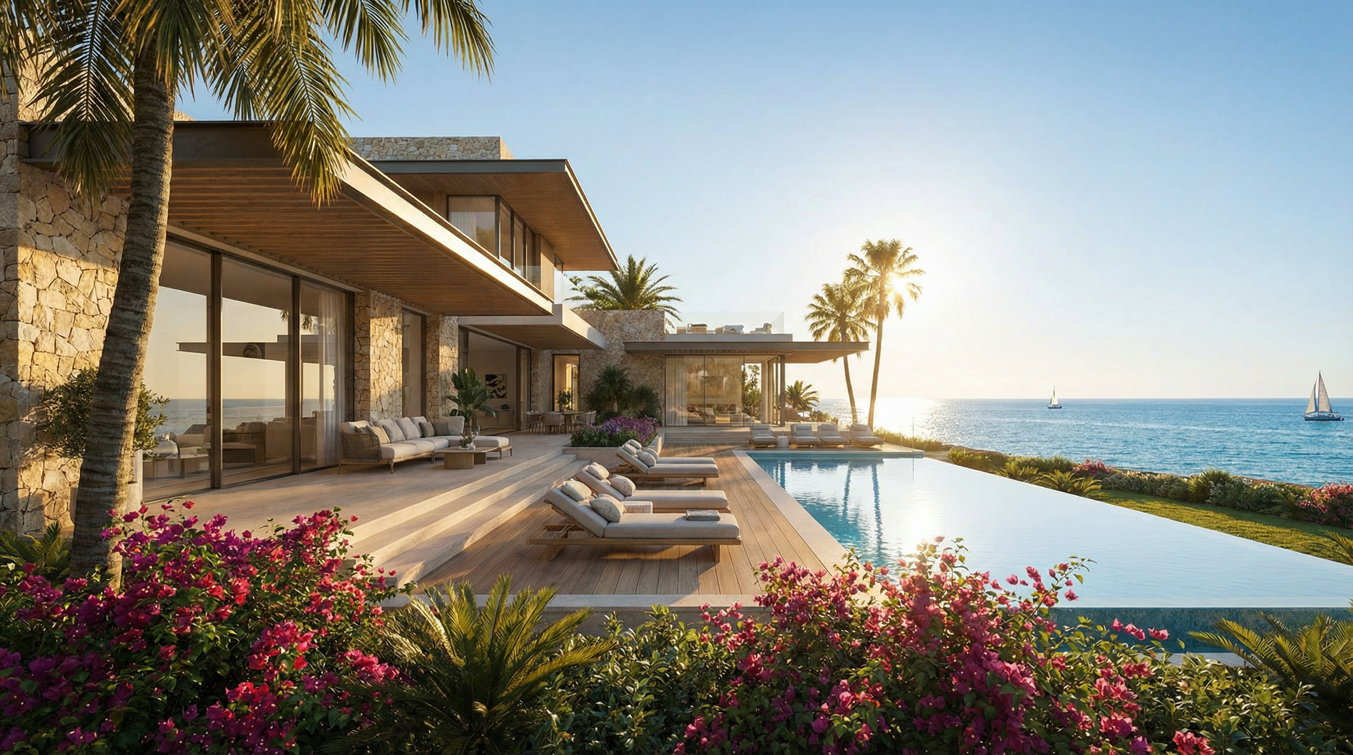 En lyxig strandfastighet på Costa del Sol med modern medelhavsstil, stora fönster och öppna terrasser, omgiven av palmer och bougainvillea.