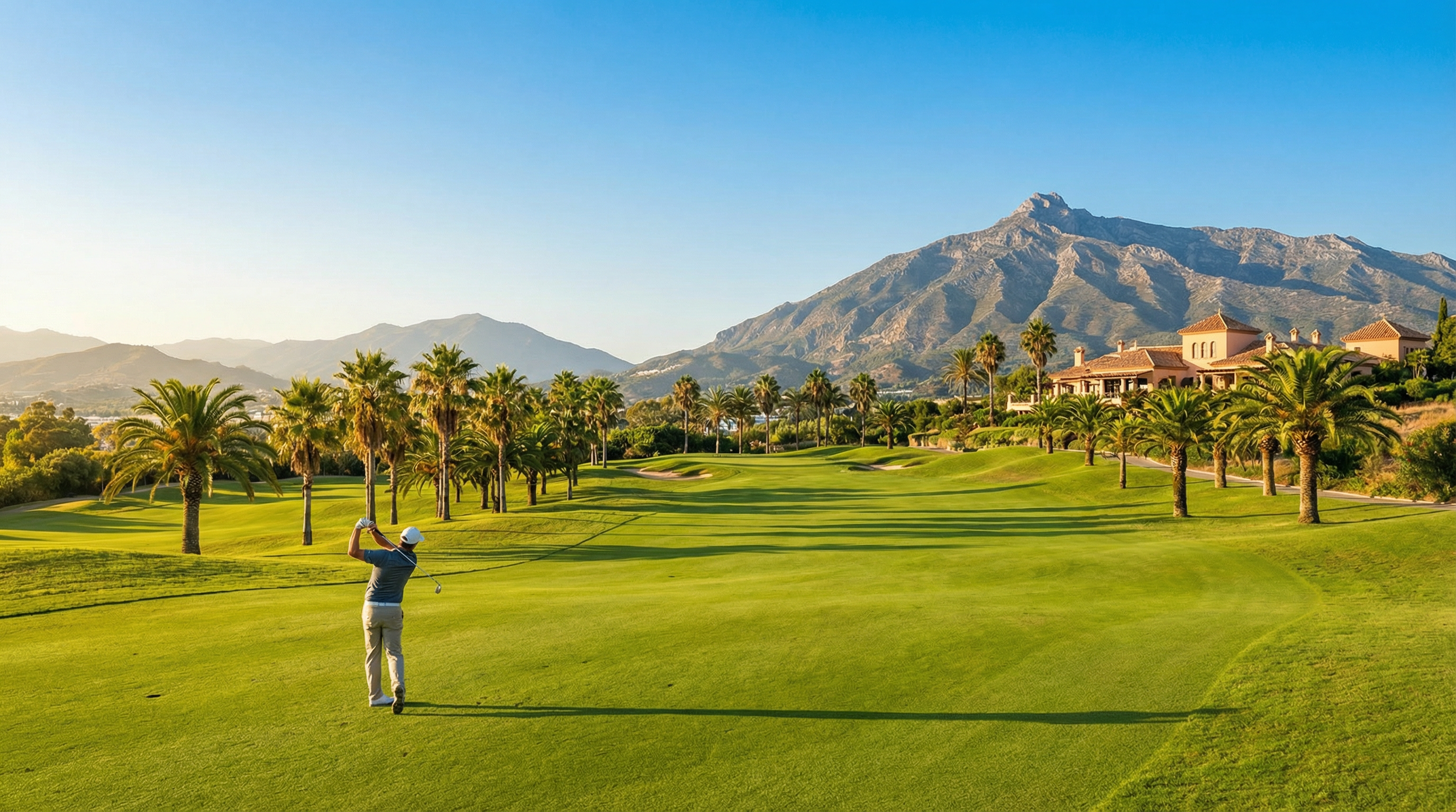 Pazar panoráma a Costa del Sol-i golfpályáról, zöld fairwayekkel és pálmafákkal a tiszta kék ég alatt, golfos swinget végző játékossal.