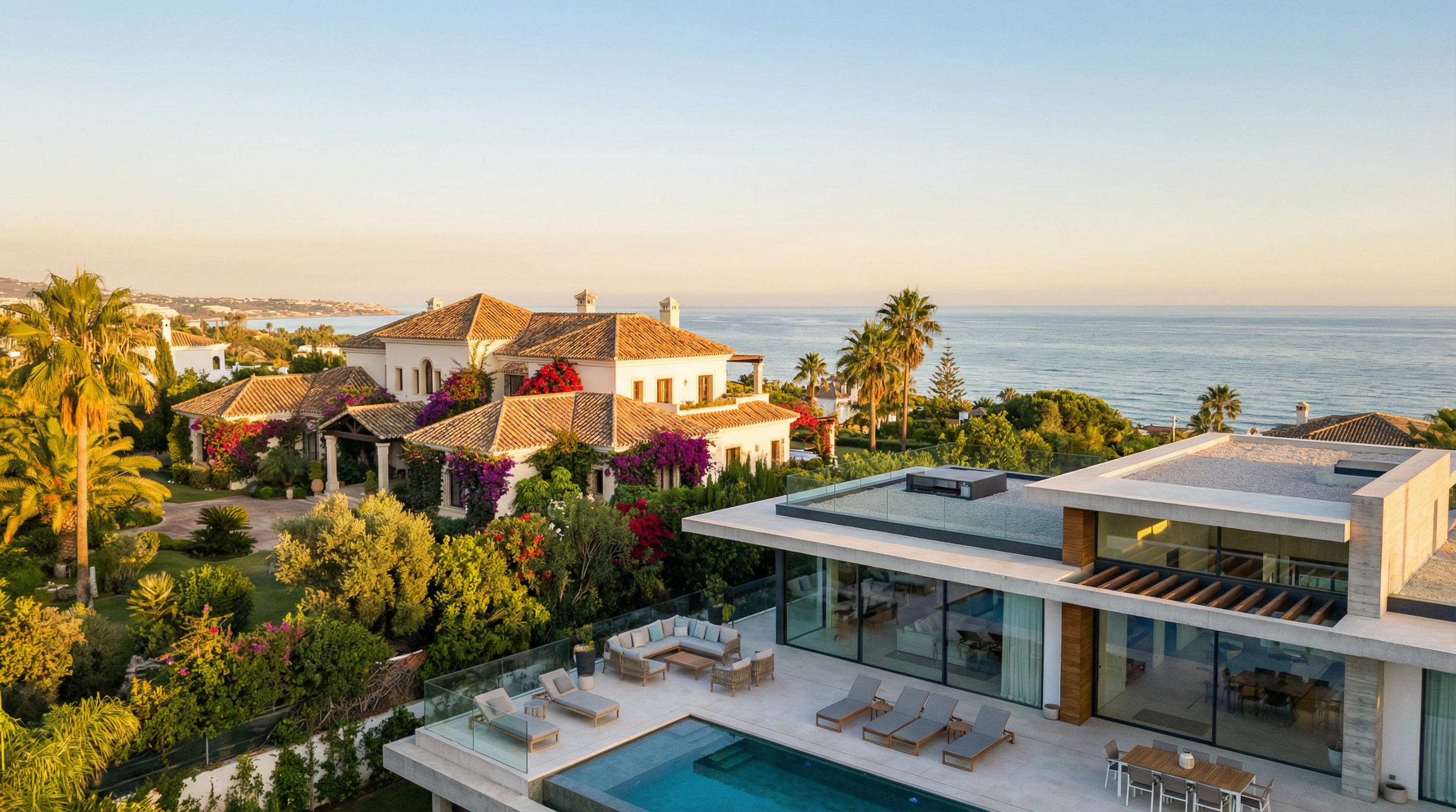 Välimerellinen villa ja moderni koti Costa del Solissa, terrakottakatot ja lasifasadi, kauniit puutarhat ja bougainvilleat auringonlaskussa.