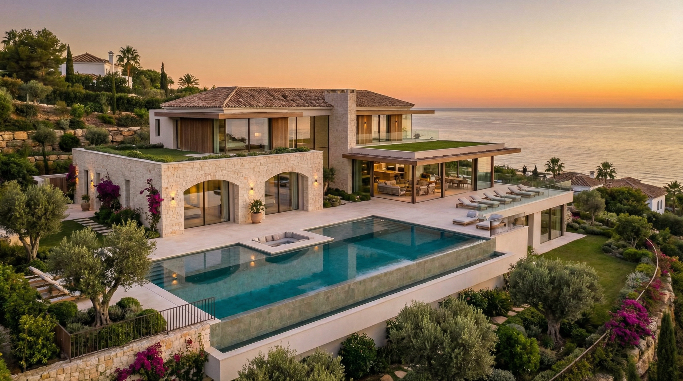 Luftbild av en modern lyxvilla på Costa del Sol med medelhavsinspirerad design, omgiven av grönska och med panoramautsikt över havet.