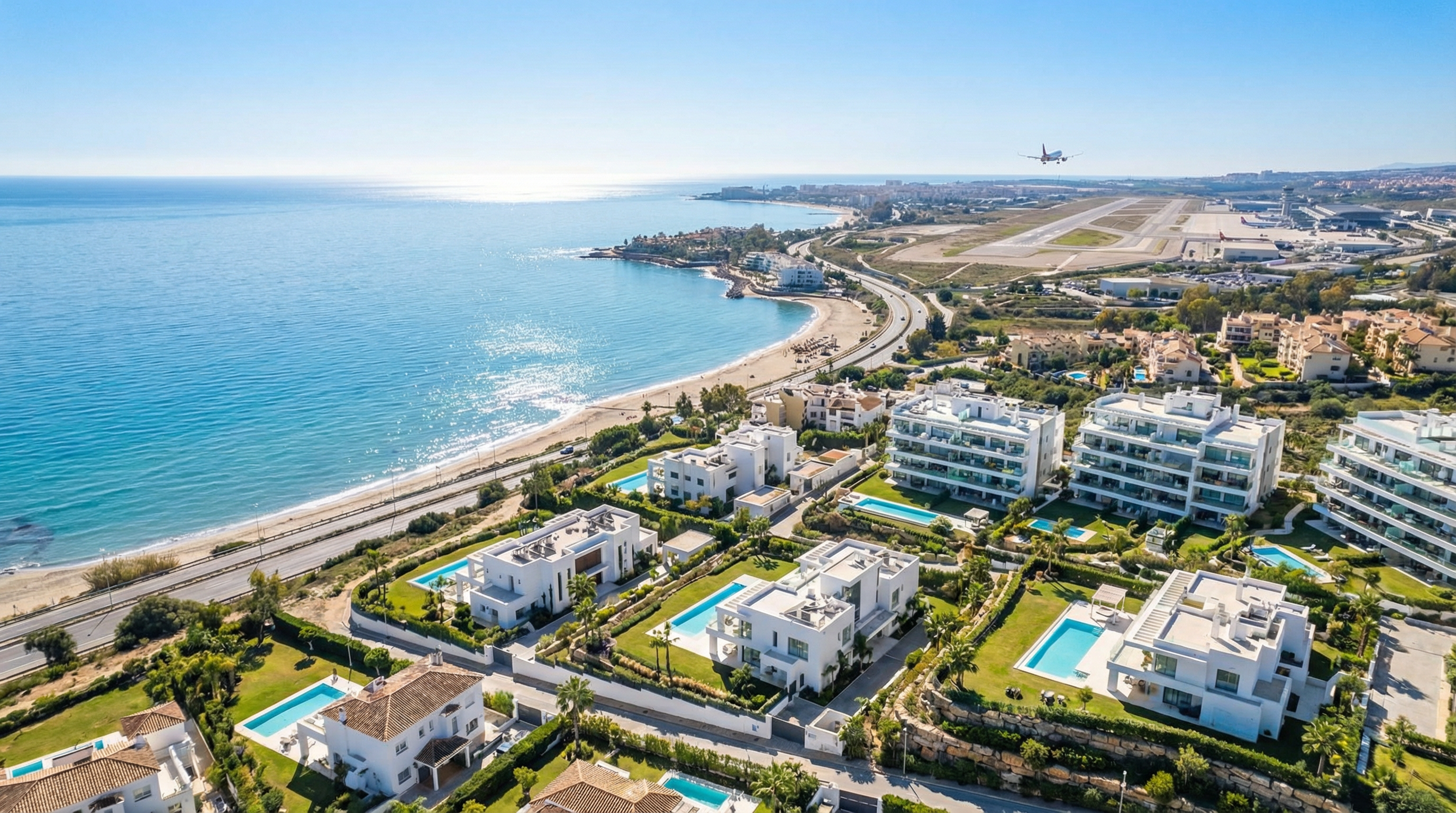 Luchtfoto van de Costa del Sol met luxe woningen langs de Marbella-Estepona-Mijas corridor en Málaga Airport op de achtergrond.