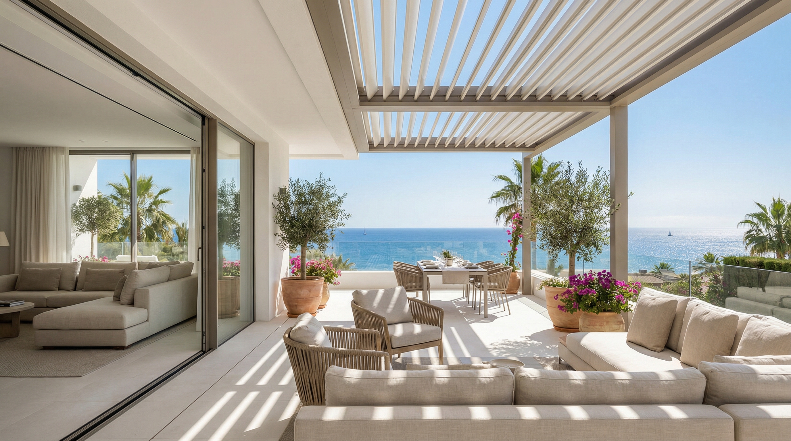 Moderni terassi Costa del Solilla, josta avautuu upeat merinäköalat. Suuret ikkunat ja tyylikkäät kalusteet luovat kutsuvan tunnelman.