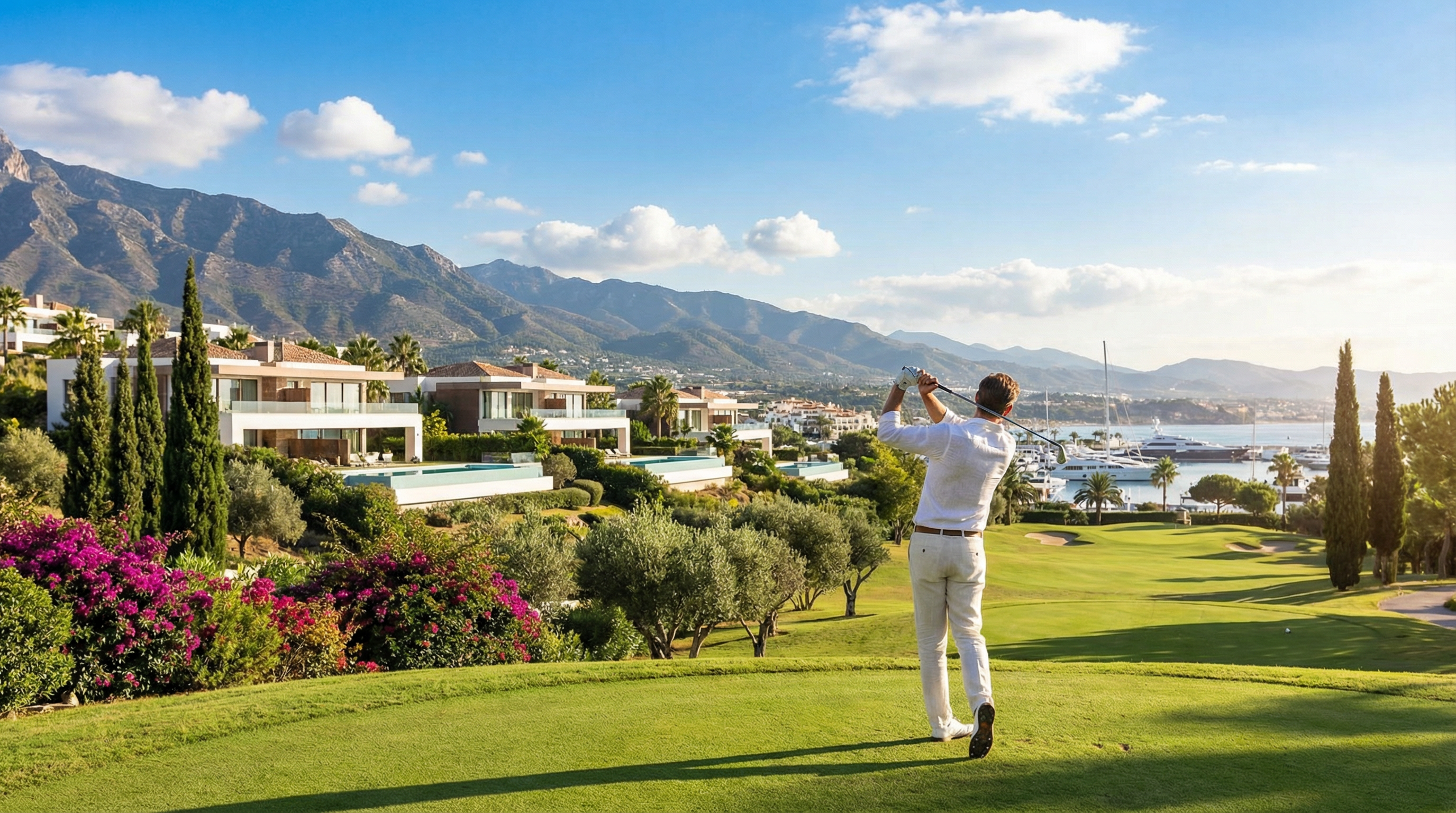 Een golfer in elegante outfit maakt een swing op de zonovergoten golfbaan van Los Naranjos, Costa del Sol, met luxe villa's en de bergen op de achtergrond.