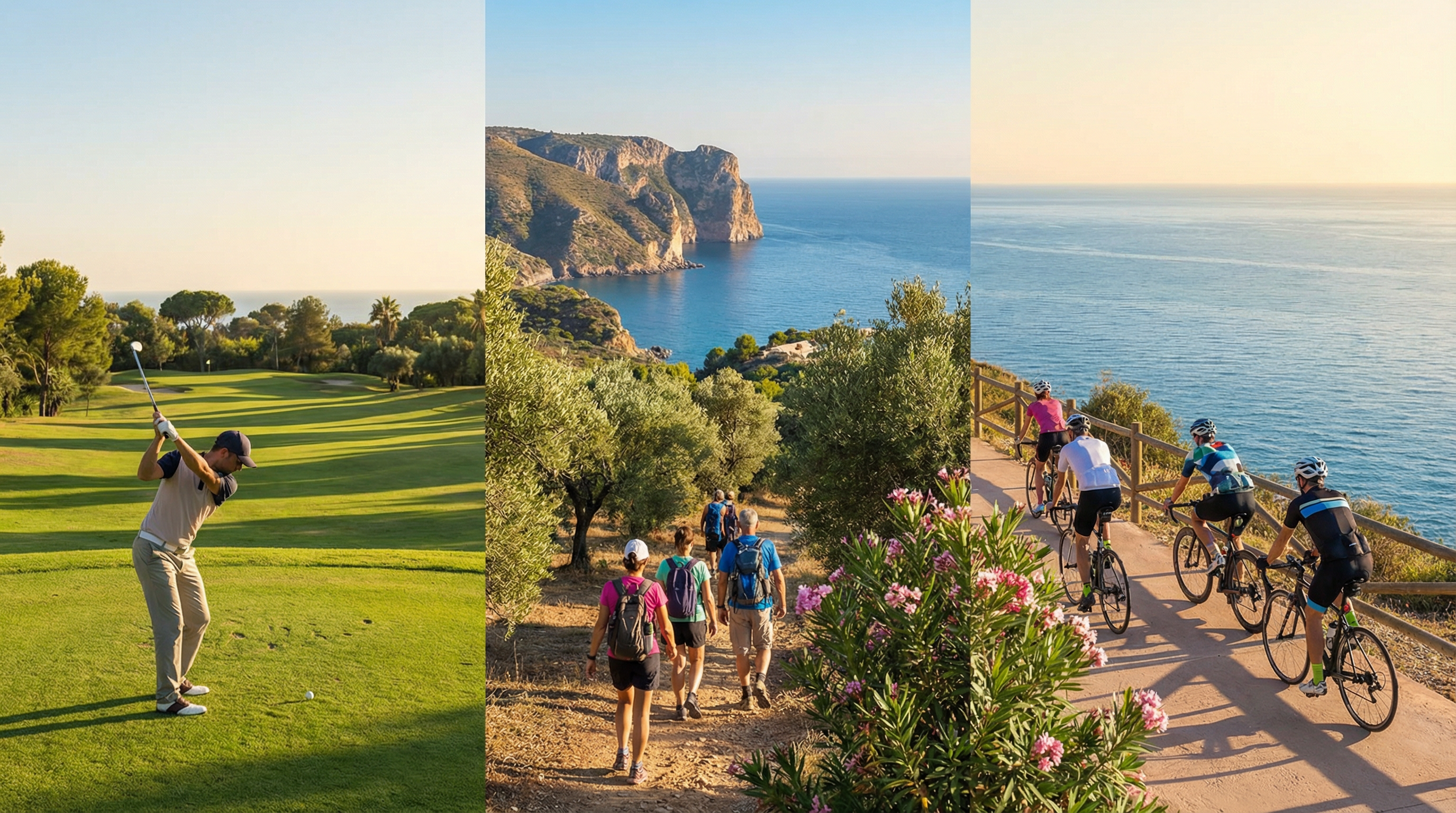 Vibrantti Costa del Sol -maisema, jossa golfari lyö palloa, vaeltajat tutkimassa polkua ja pyöräilijät ajamassa rantatietä pitkin.