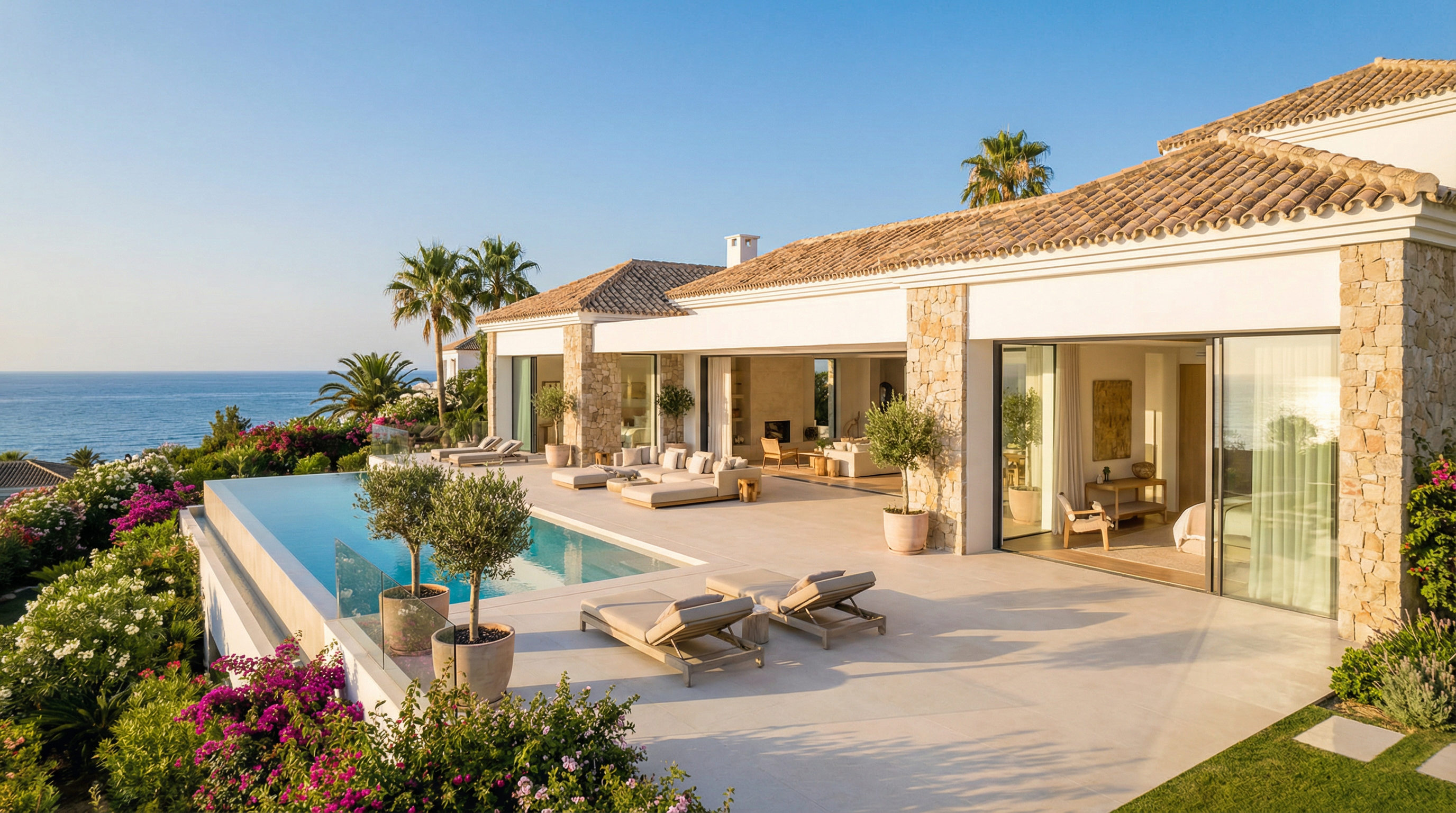 Moderne villa med andalusiske elementer på Costa del Sol, med åpne rom, naturlig lys og utsikt over Middelhavet.