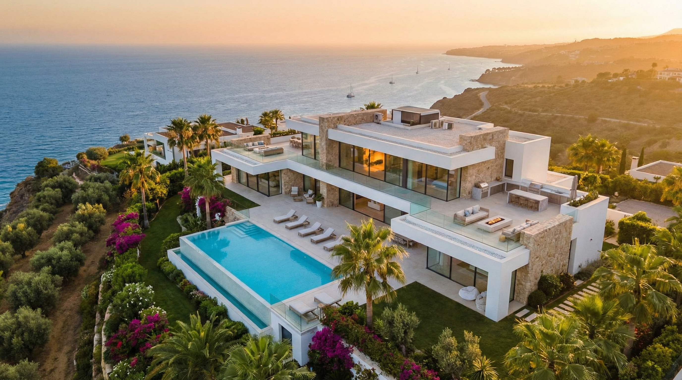 Luchtfoto van een moderne luxe villa in Costa del Sol, met grote ramen en een infinity pool, omringd door weelderige tuinen en de azuurblauwe zee.