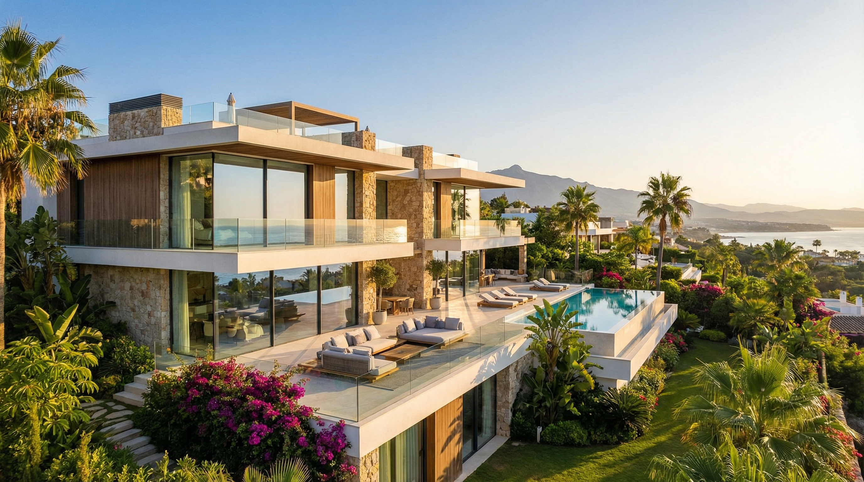 Panoramablick auf eine moderne Luxusimmobilie an der Costa del Sol mit großen Glasfenstern, tropischen Gärten und atemberaubendem Blick auf das Mittelmeer.